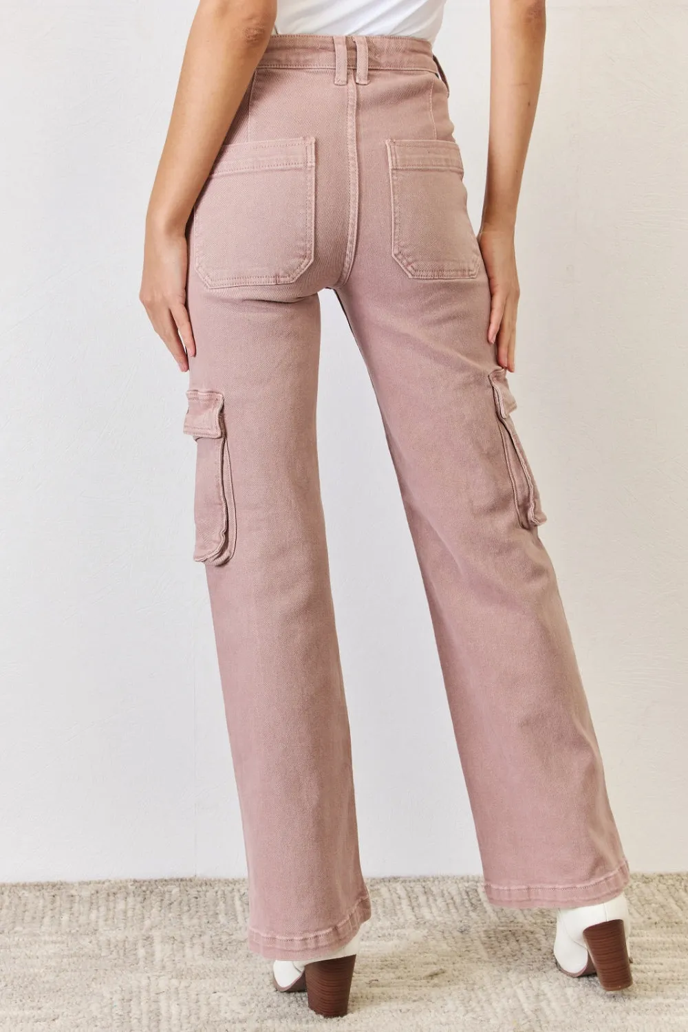 Light Pink High Rise Cargo Wide Leg Jeans Petite and Plus Size Luxury Cotton Premium Jeans