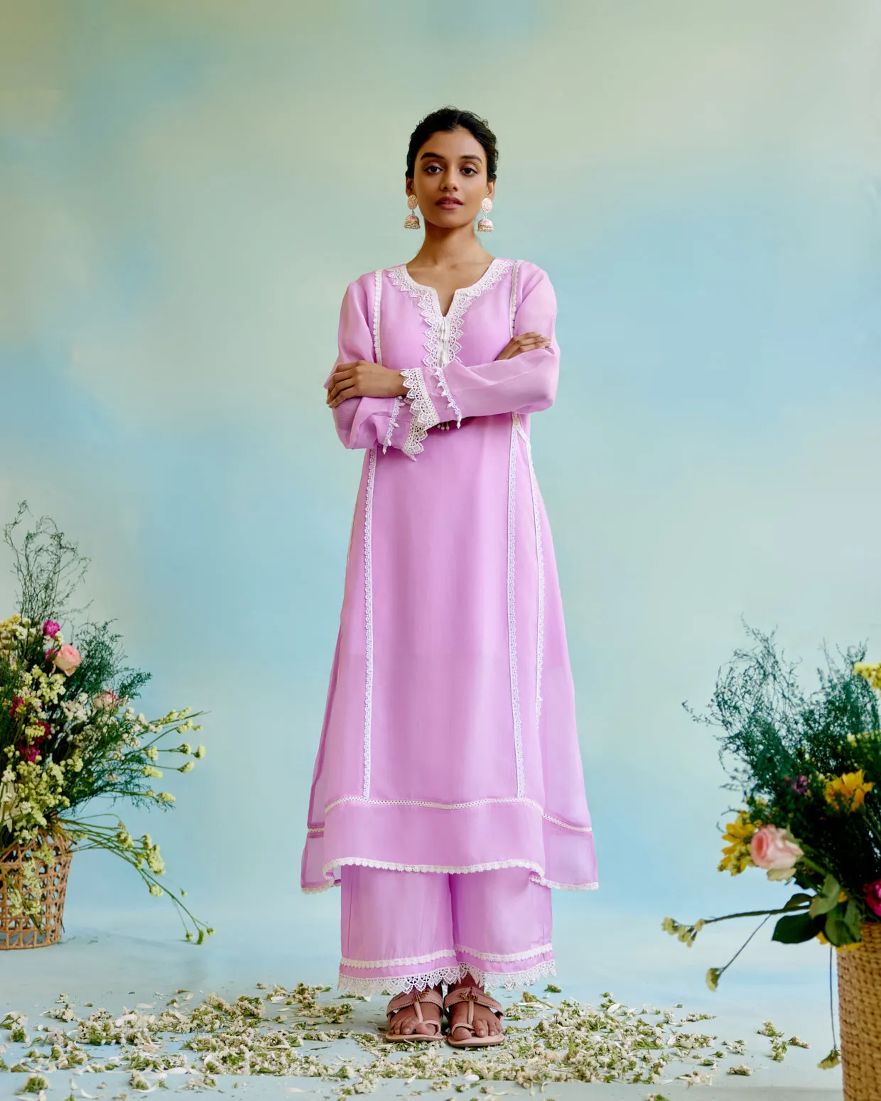 Lilac Glory Organza Anarkali with 
Silky Modal Wide Leg Pants