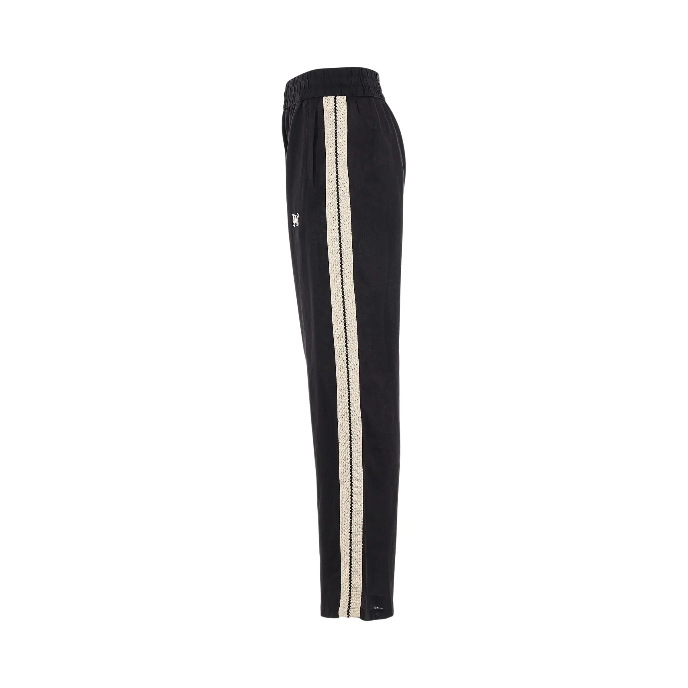 Linen Monogram Embroidered Track Pants in Black