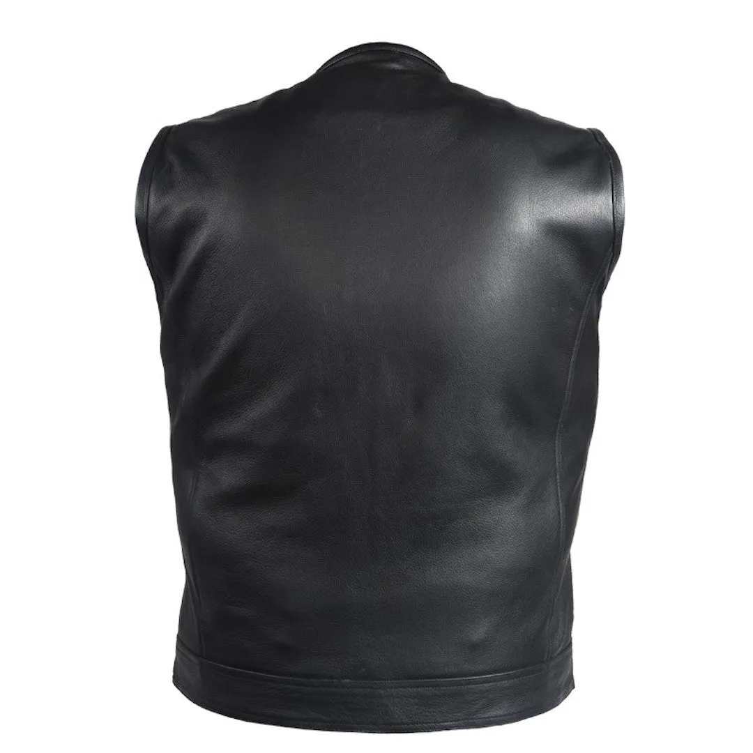 Mens 1/2" Collar Naked Leather Motorcycle Club Vest With Gun Pockets Solid Back