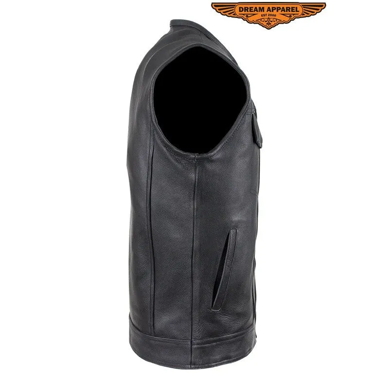 Mens 1/2" Collar Naked Leather Motorcycle Club Vest With Gun Pockets Solid Back