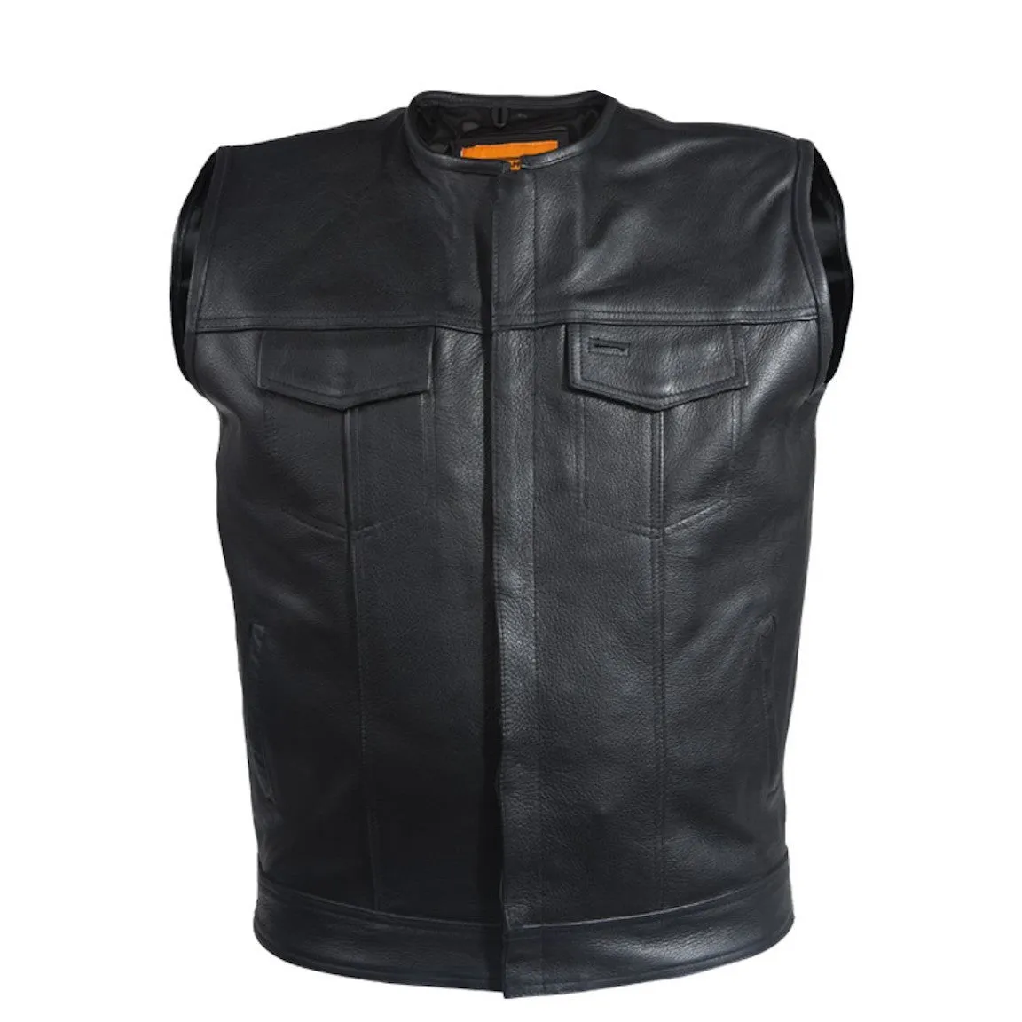 Mens 1/2" Collar Naked Leather Motorcycle Club Vest With Gun Pockets Solid Back