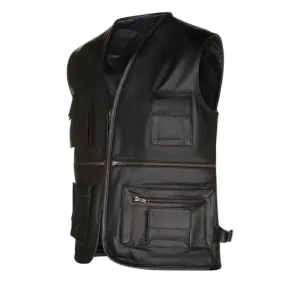 Mens Black Multi Pocket Leather Fishing Vest