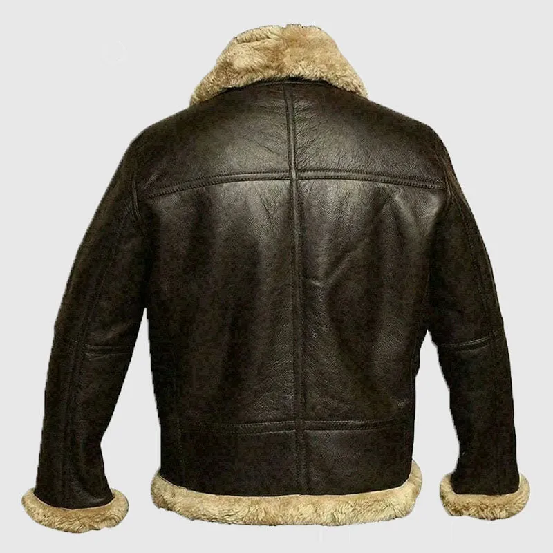 Men's Brown Shearling Aviator Leather Jacket, Tom Hardy Fur/Shearling Pilot Leather Jacket, Hand Made Vintage Real Leather Jacke