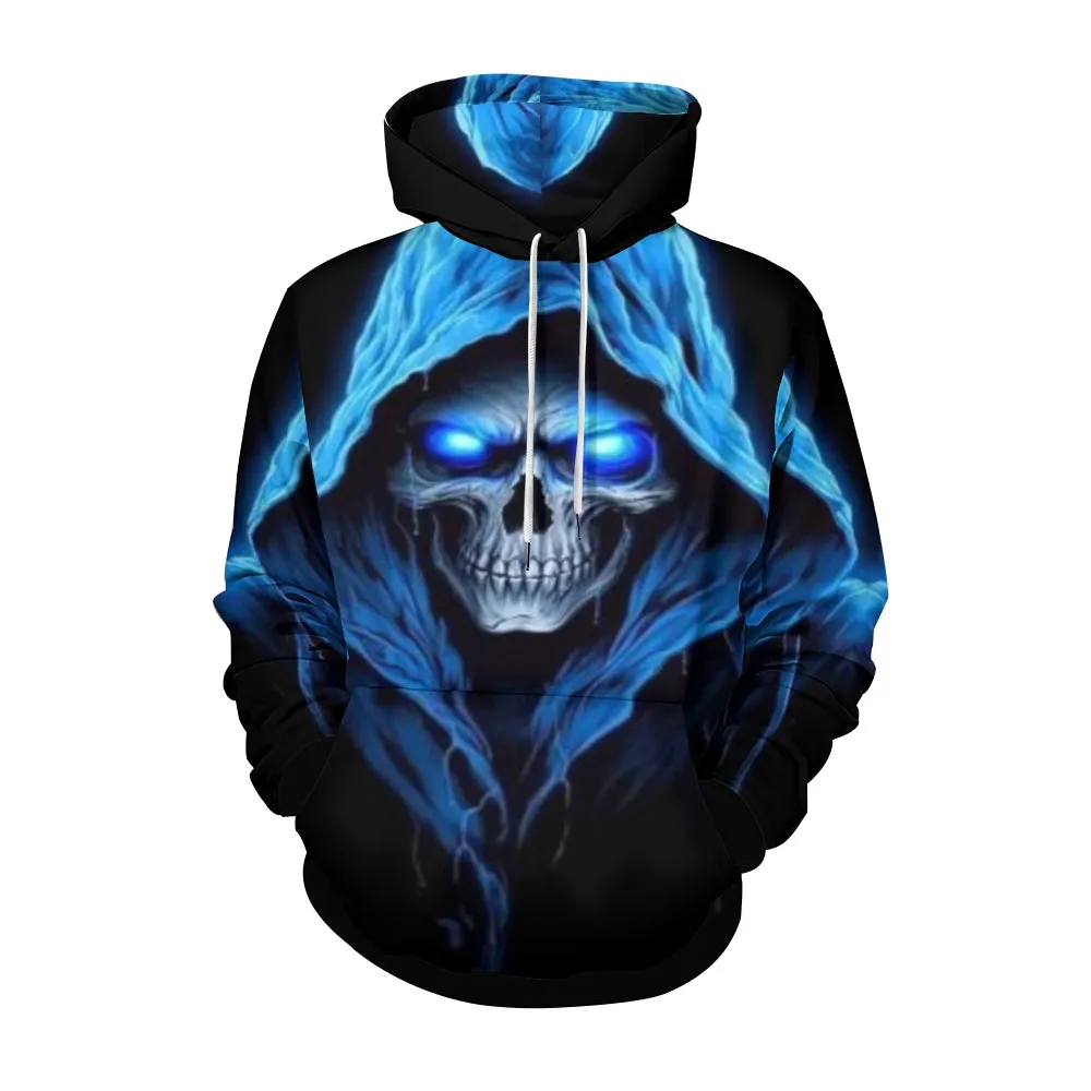 Mens Halloween Blue Darkness Skull 3D Print Hoodies