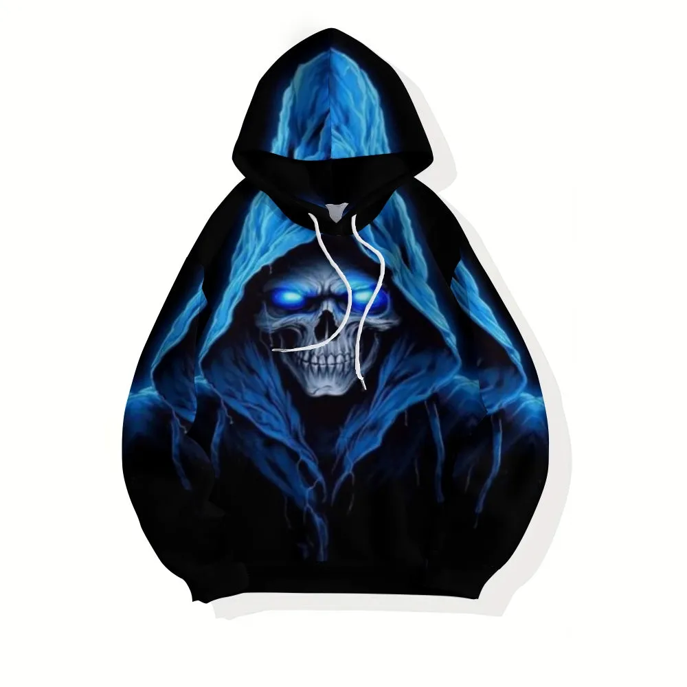 Mens Halloween Blue Darkness Skull 3D Print Hoodies