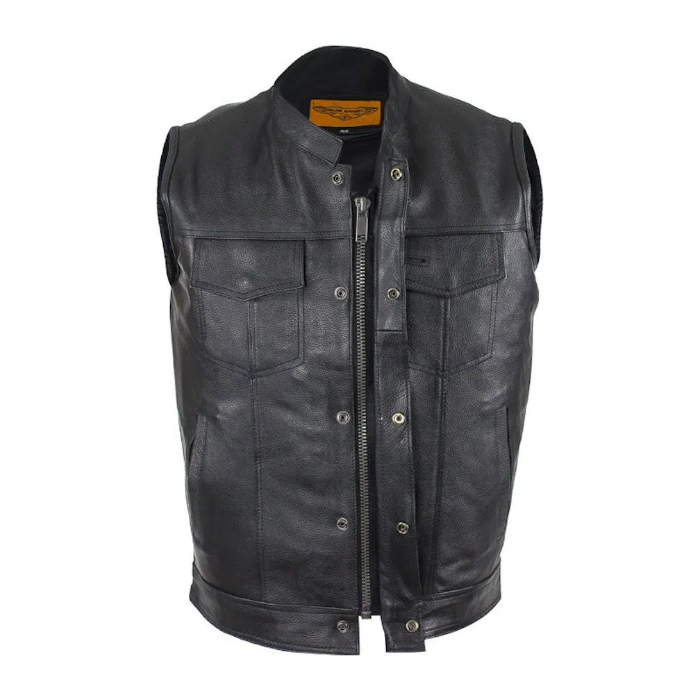 Mens Leather Motorcycle Vest Solid Back Concealed Snaps Gun Pockets