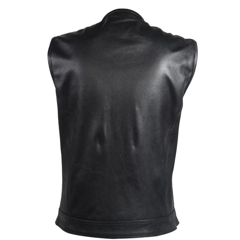 Mens No Collar Naked Leather Motorcycle Club Vest Solid Panel Back