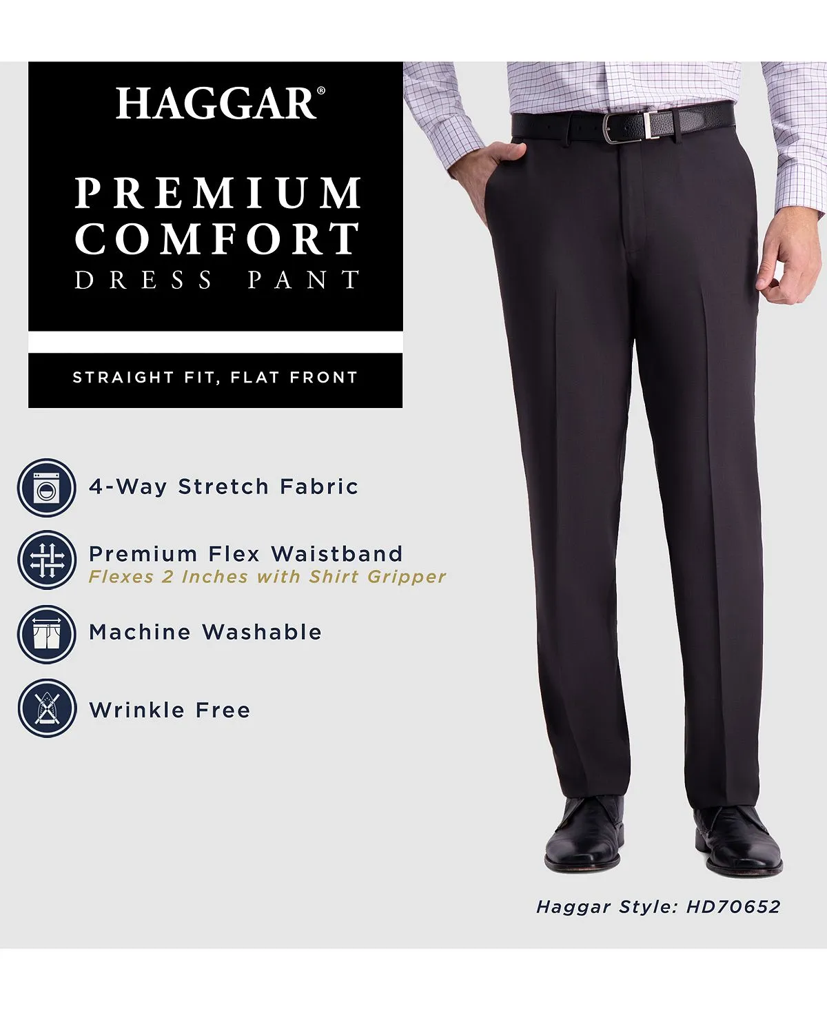 Men's premium comfort straight fit classic trousers 4-way stretch, wrinkle-free, flat front Haggar, multi