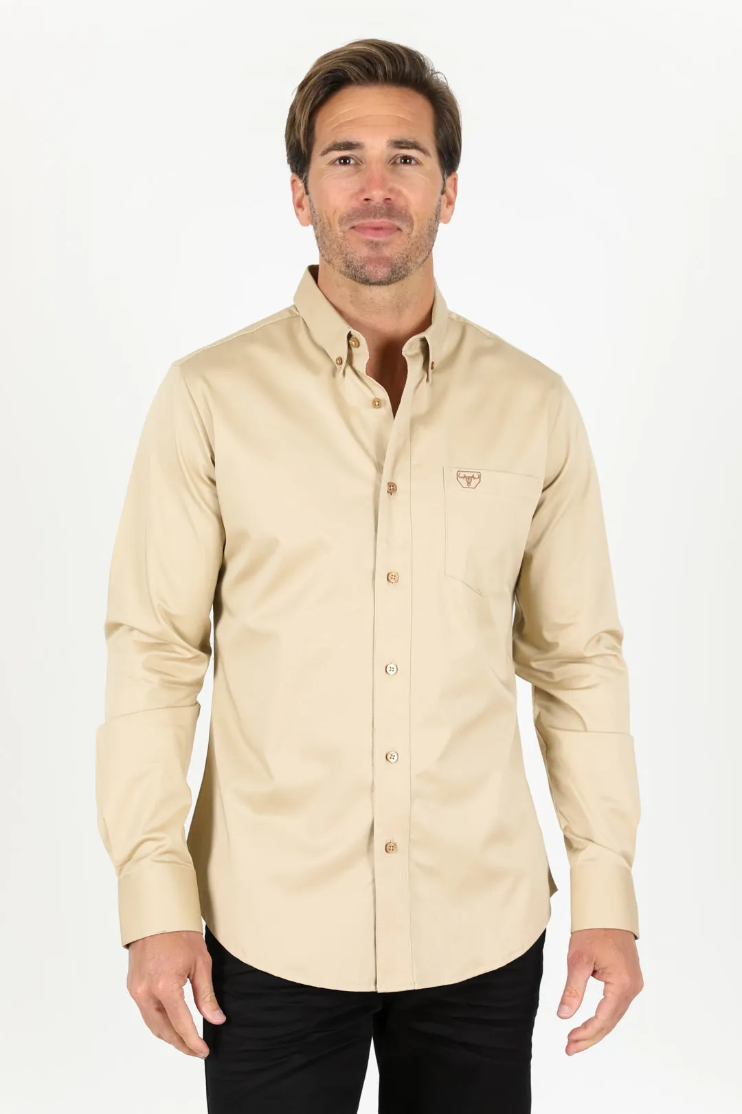 Men’s Single Pocket Logo Modern Fit Stretch Dress Shirt - Beige