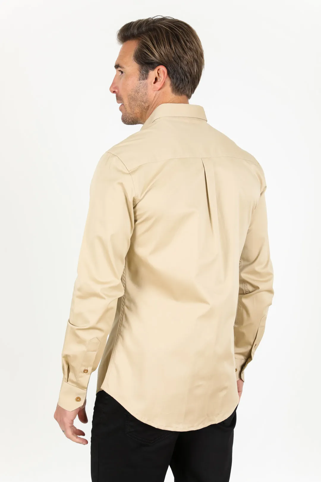 Men’s Single Pocket Logo Modern Fit Stretch Dress Shirt - Beige