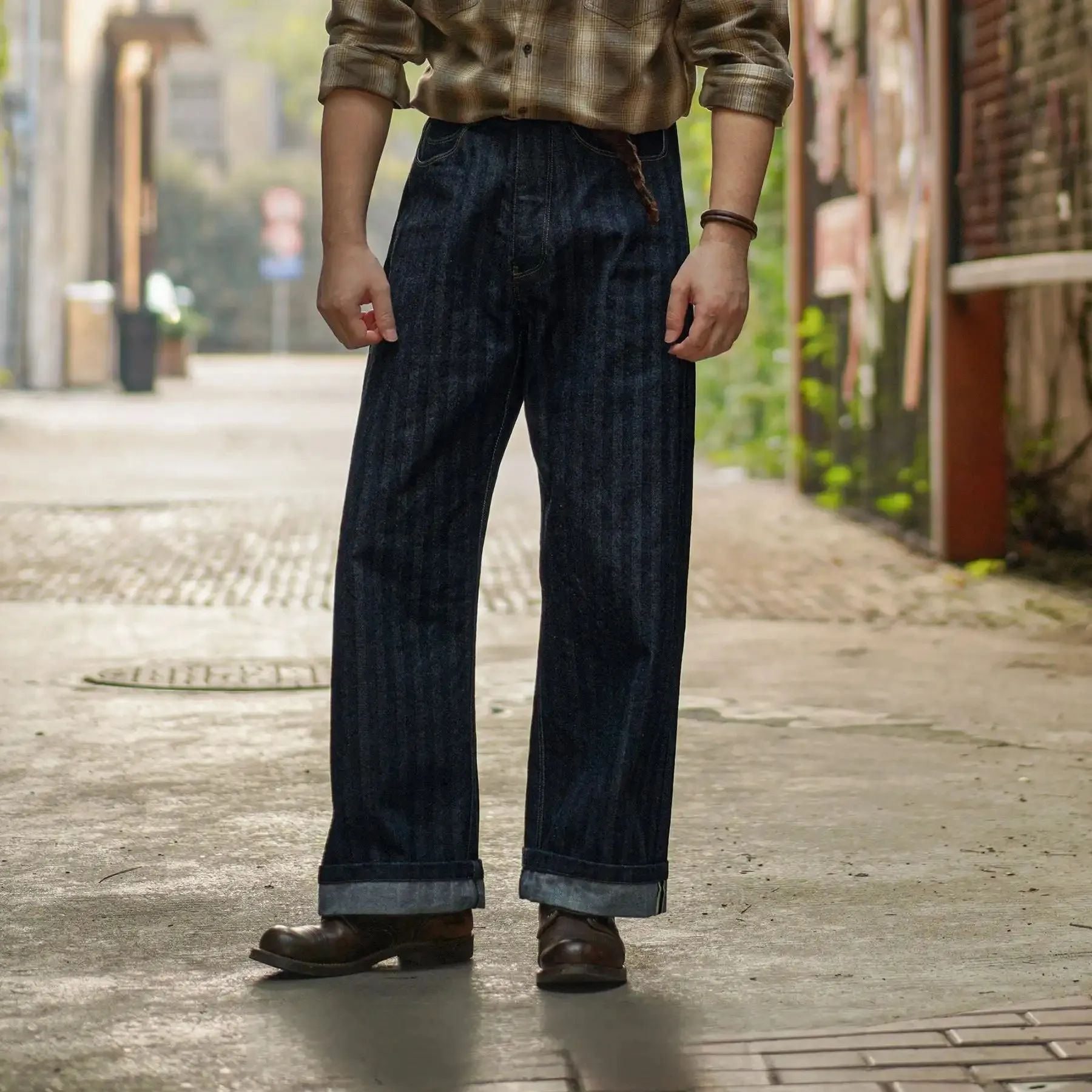 Men's Striped High Waist Selvedge Denim Pants - Wide Legs - Rugged Style