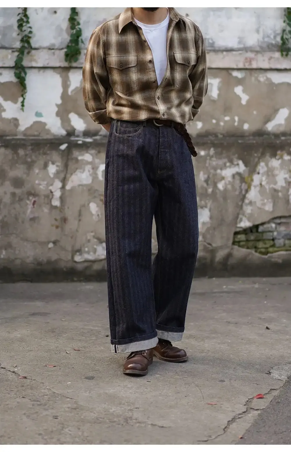 Men's Striped High Waist Selvedge Denim Pants - Wide Legs - Rugged Style