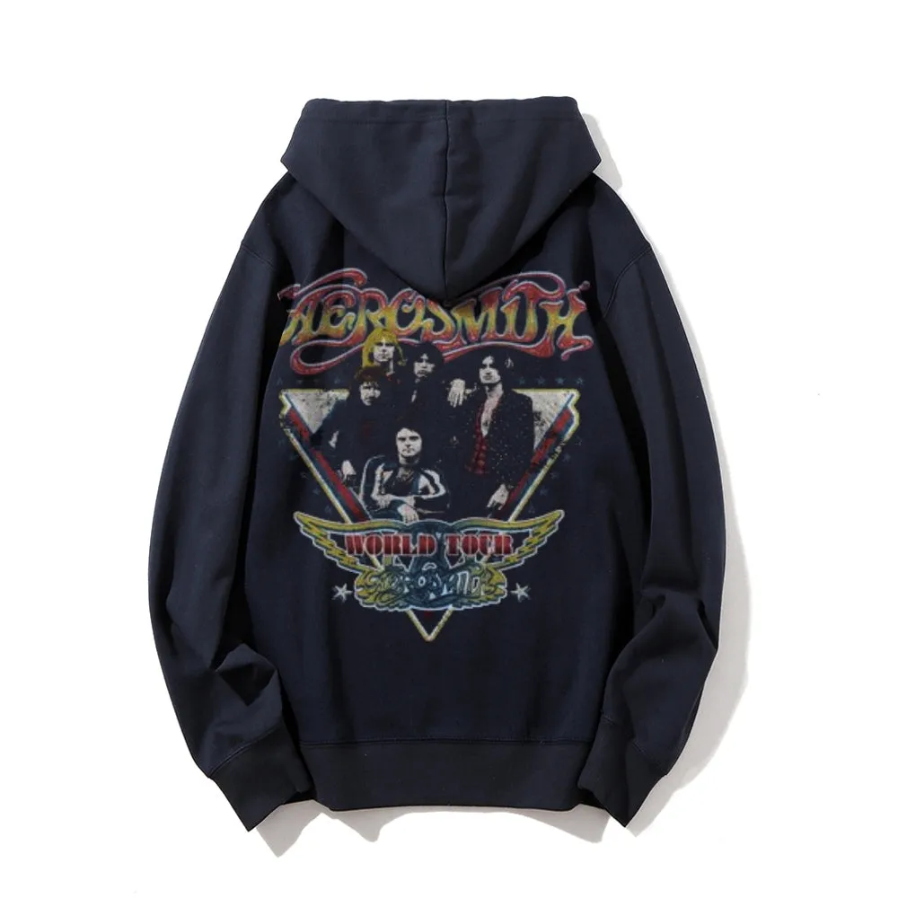 Mens  Vintage Aerosmith World Tour Darkness Style Graphic Pullover With Kangaroo Pocket Hoodies