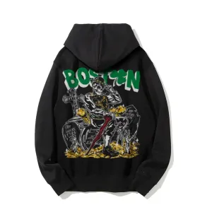 Mens Vintage Boston Print Graphic Pullover With Kangaroo Pocket Hoodies