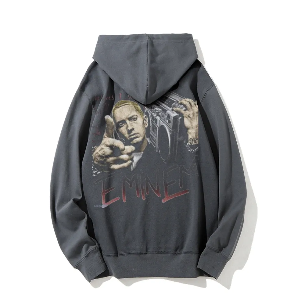 Mens Vintage Eminem Darkness Style Print Graphic Pullover With Kangaroo Pocket Hoodies