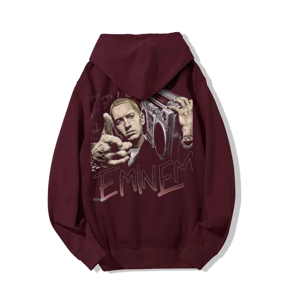 Mens Vintage Eminem Darkness Style Print Graphic Pullover With Kangaroo Pocket Hoodies