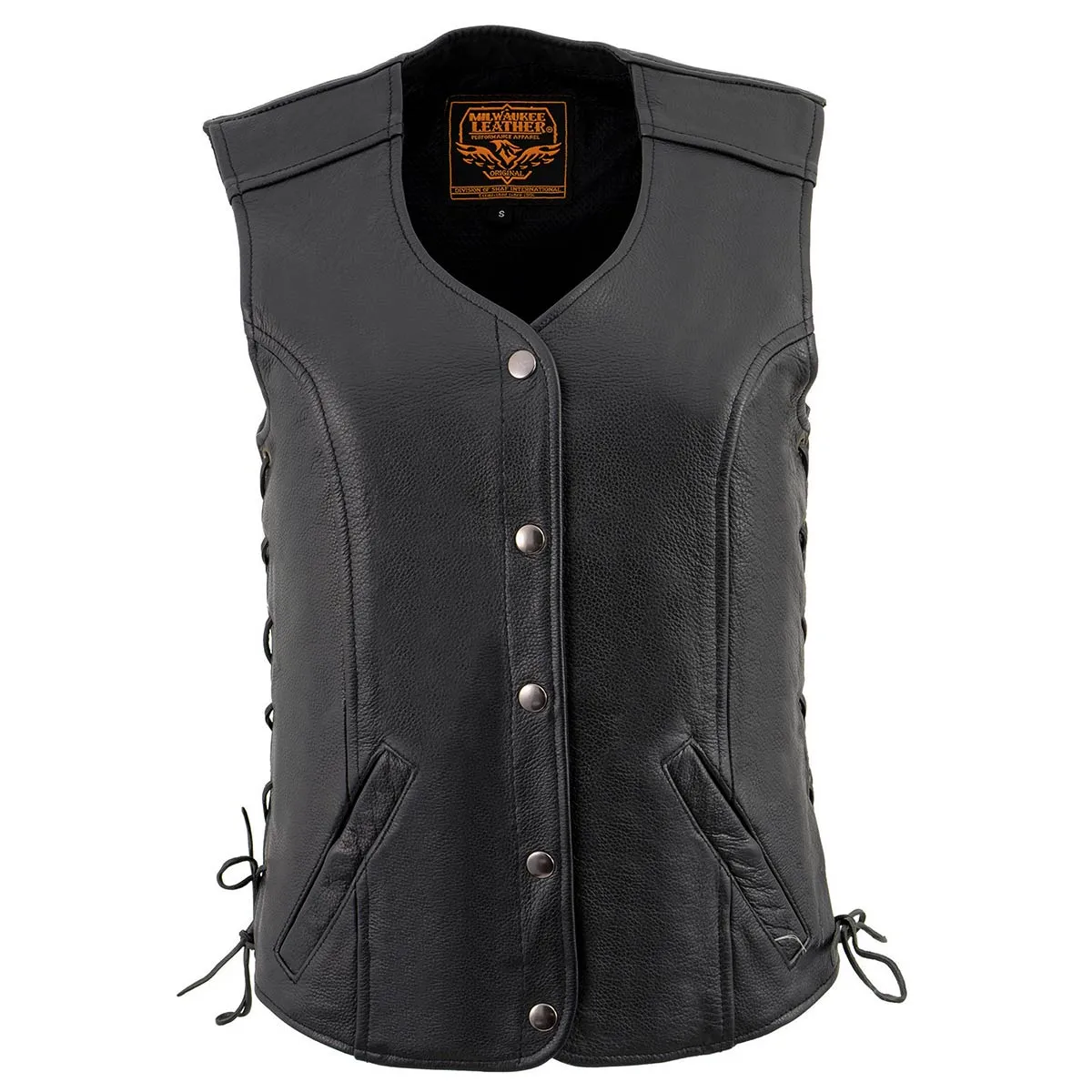 Milwaukee Leather LKL4700 Women's Black Leather Side Laces Round V-Neck Motorcycle Rider Vest with 4-Snaps Closure