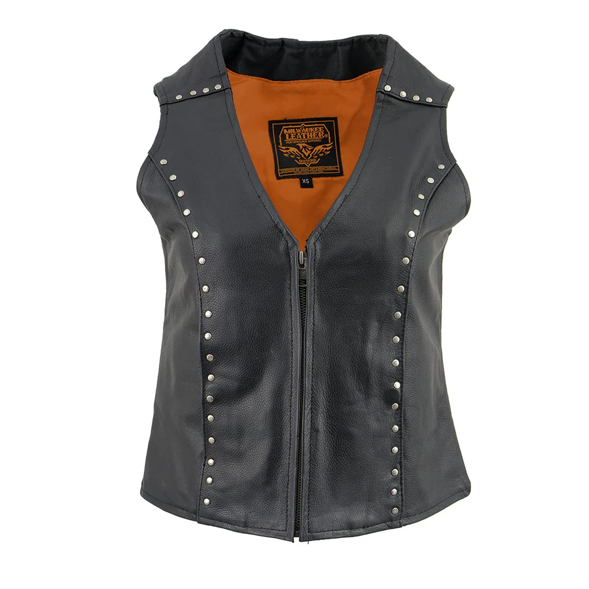 Milwaukee Leather ML2078 Women's Black Naked Leather Motorcycle Rider Vest- Studding Detail with Front Zip Closure