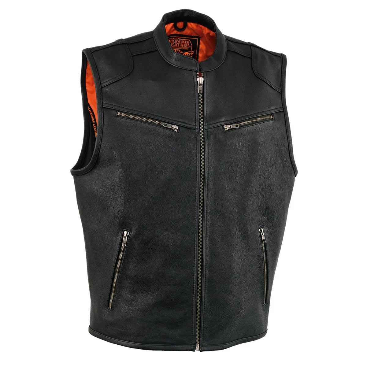 Milwaukee Leather MLM3502 Men's Black Cool-Tec Leather Vest Front Zipper Motorcycle Rider Vest with Stand-Up Collar