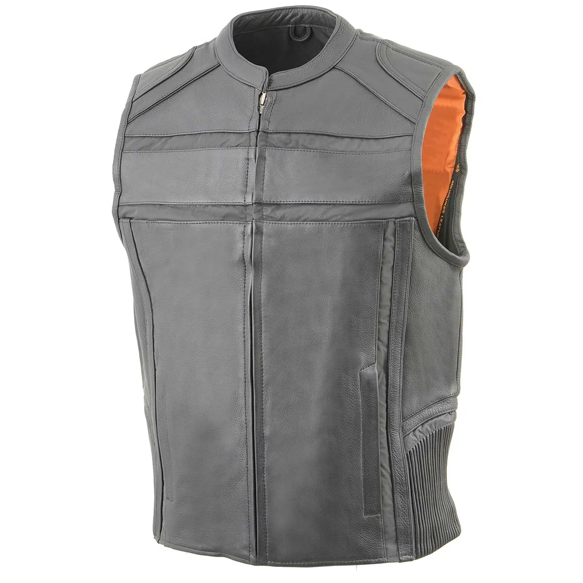 Milwaukee Leather MLM3560 Men's Black Leather Vest - Reflective Piping Elasticized Waist Open Neck Motorcycle Vest