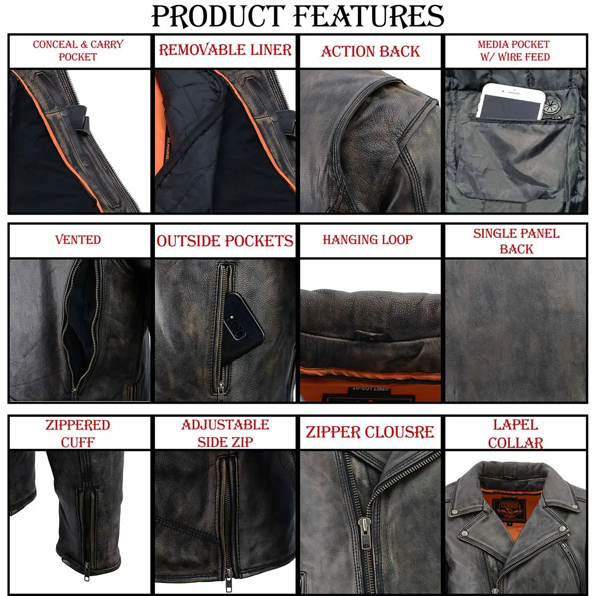 MLM1515 BLACK Men's  'Triple Stitched' Beltless Motorcycle Leather Jacket