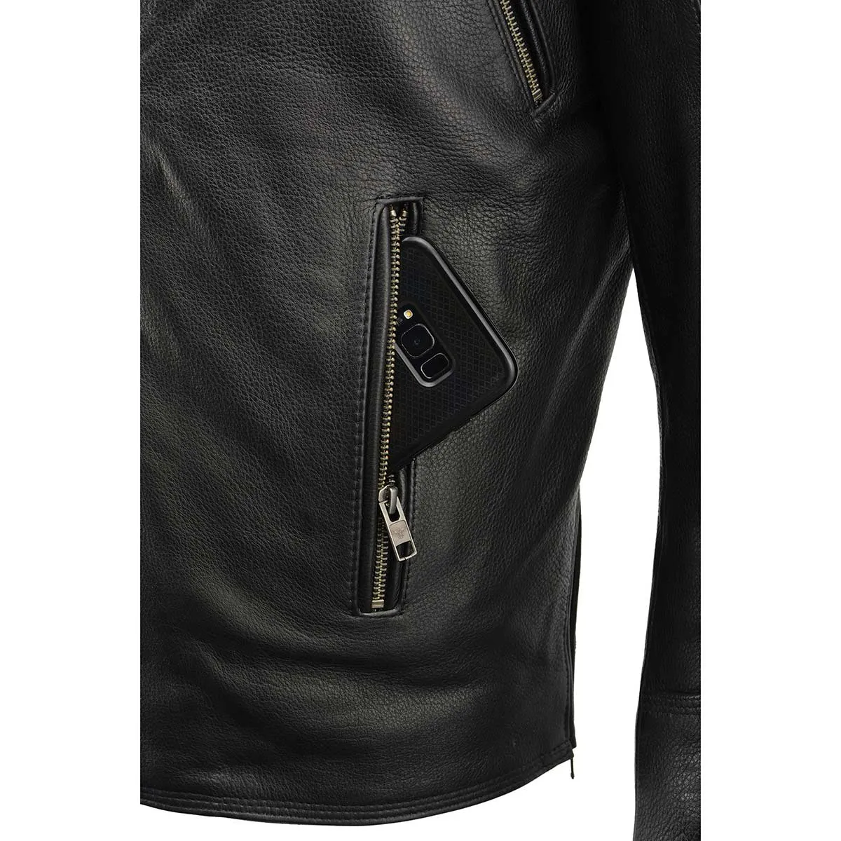 MLM1515 BLACK Men's  'Triple Stitched' Beltless Motorcycle Leather Jacket