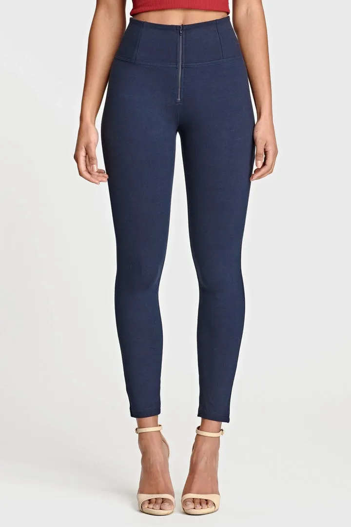 Navy Cotton High-Waist Ankle-Length Pants