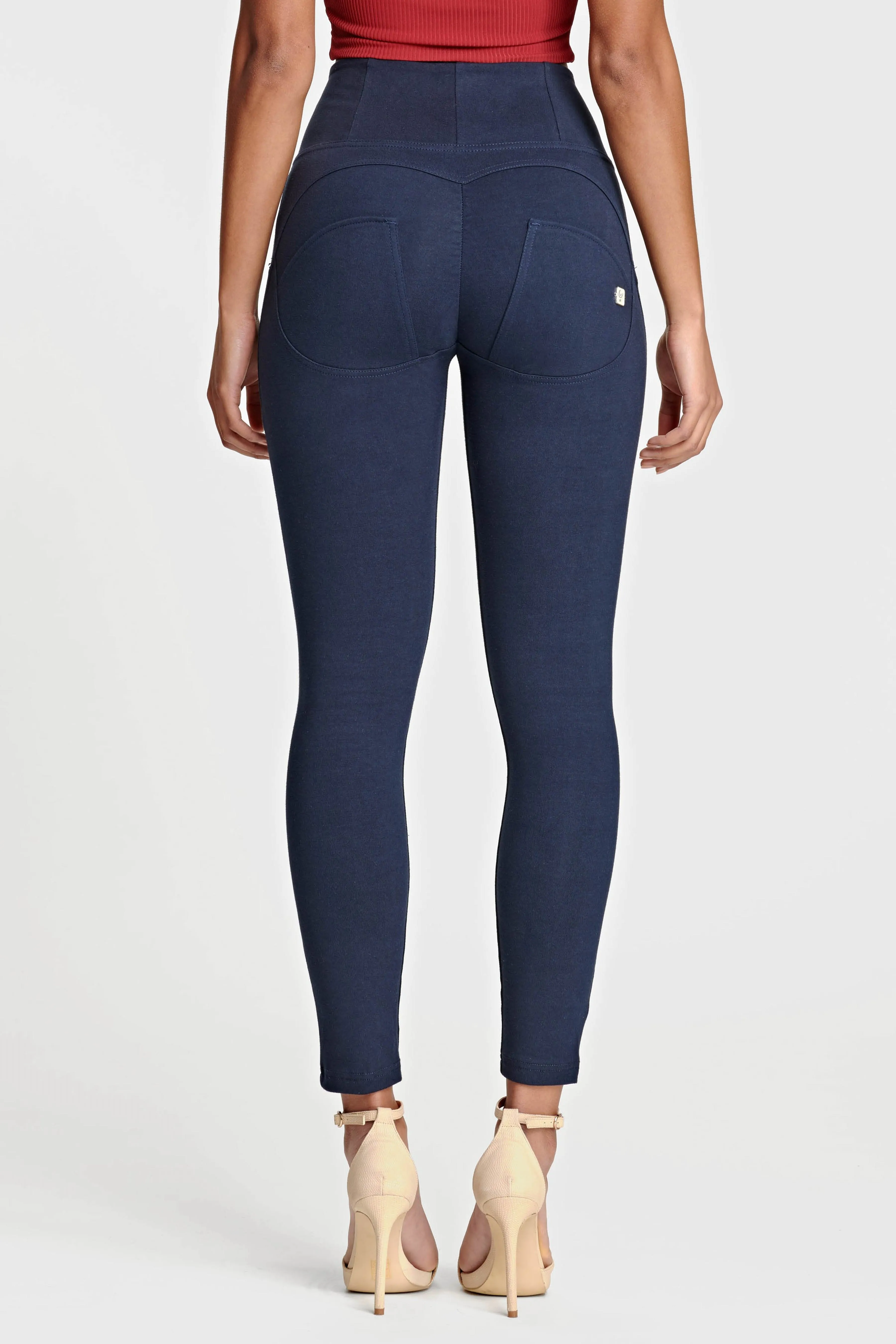 Navy Cotton High-Waist Ankle-Length Pants