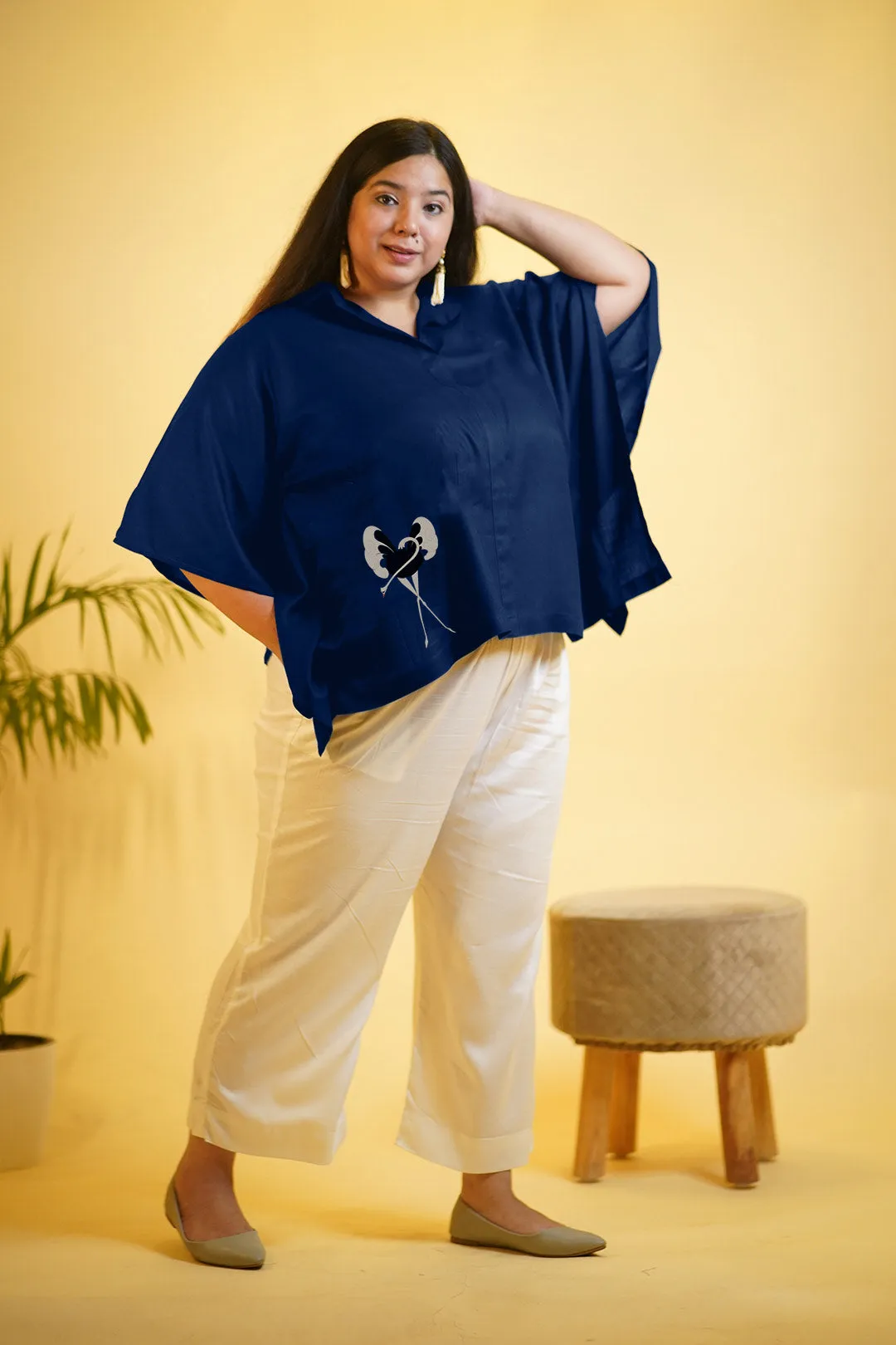 Navy Rayon KaftanTop & Milky White Palazzo - Ostro