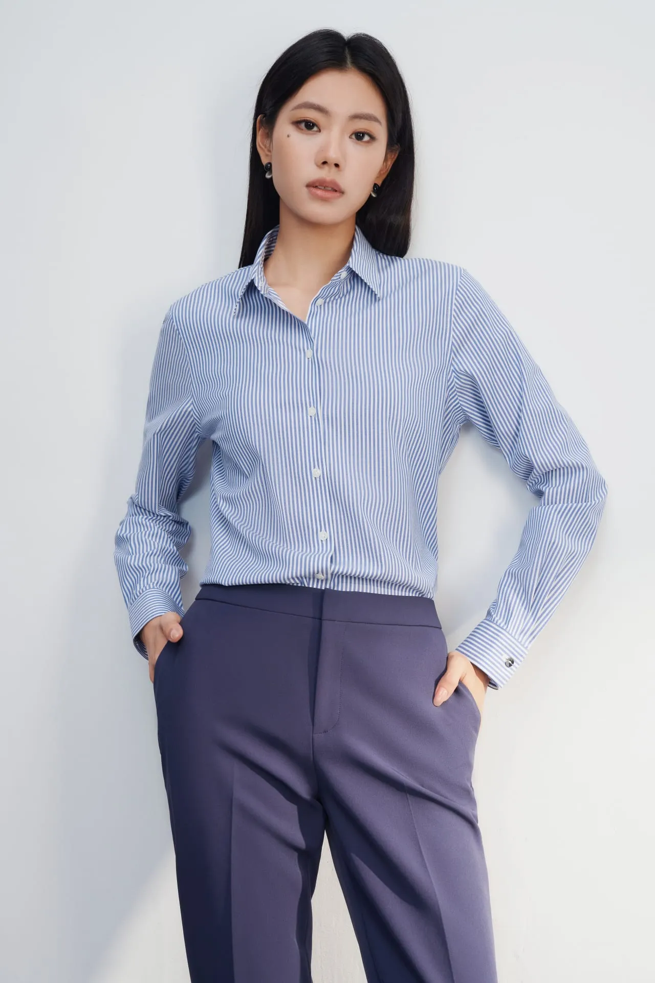 Non Iron Cotton Spandex Stripe Poplin Shirt