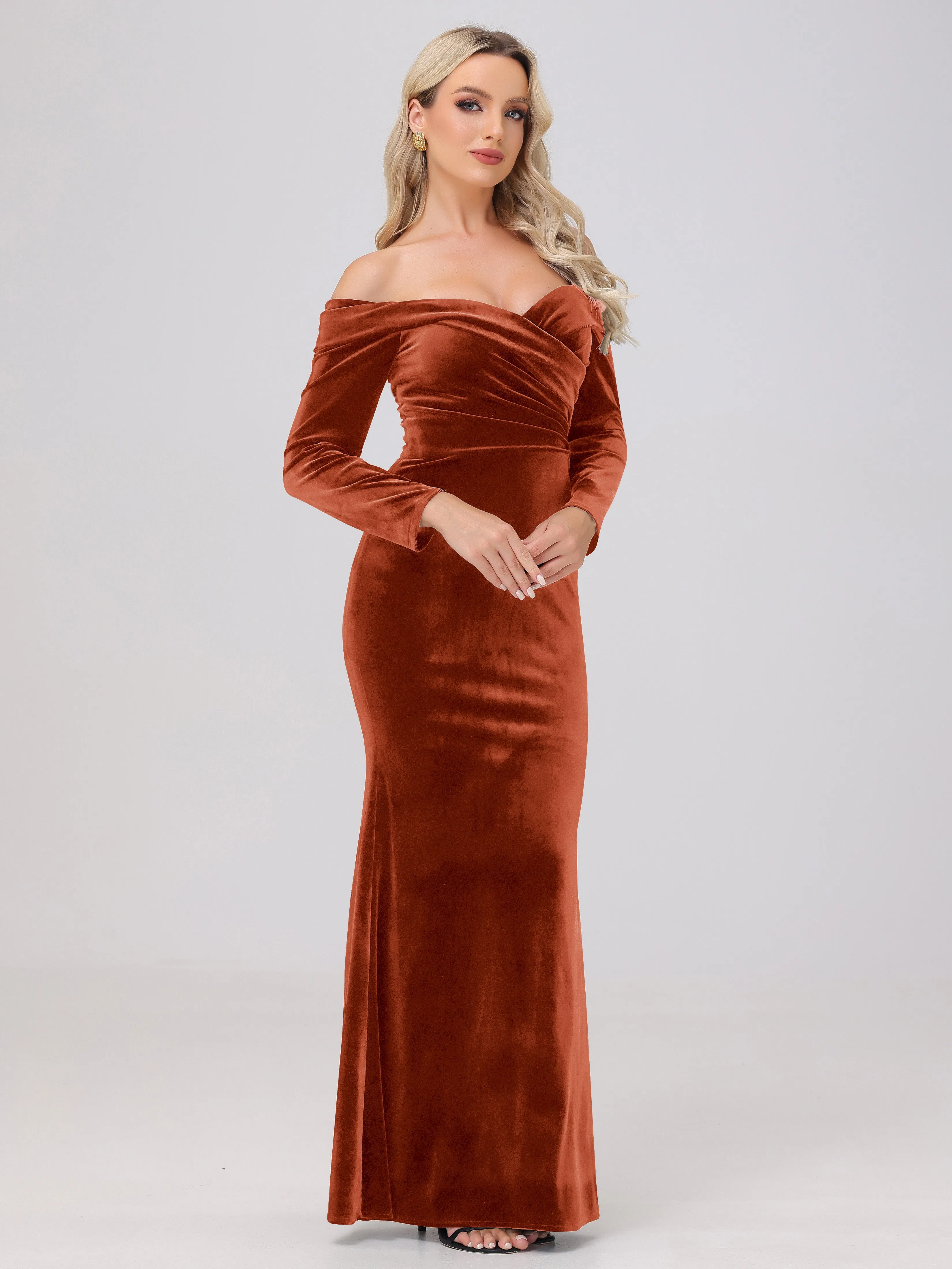 Off The Shoulder Strapless Long Sleeves Velvet Bridesmaid Dresses