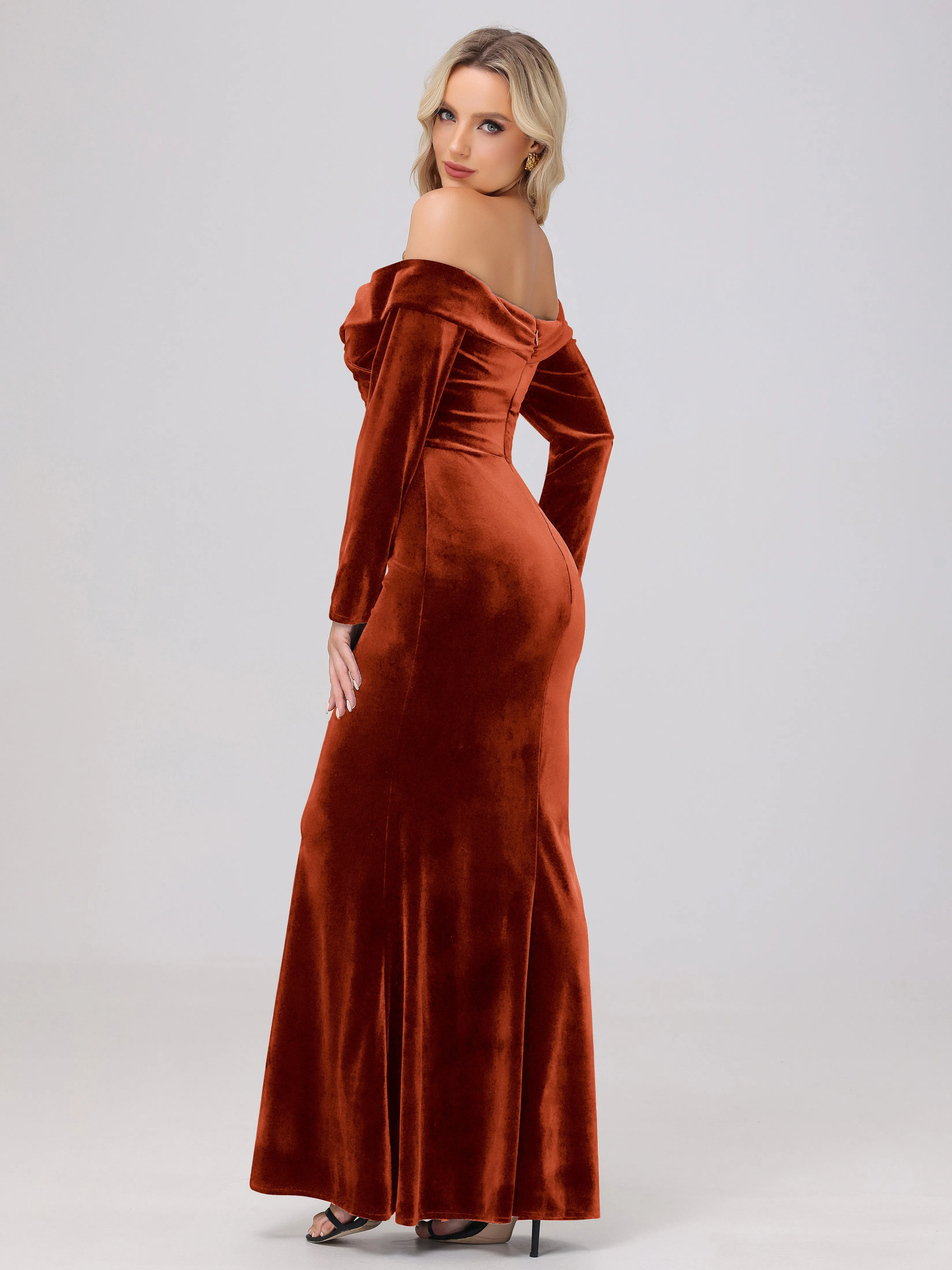 Off The Shoulder Strapless Long Sleeves Velvet Bridesmaid Dresses