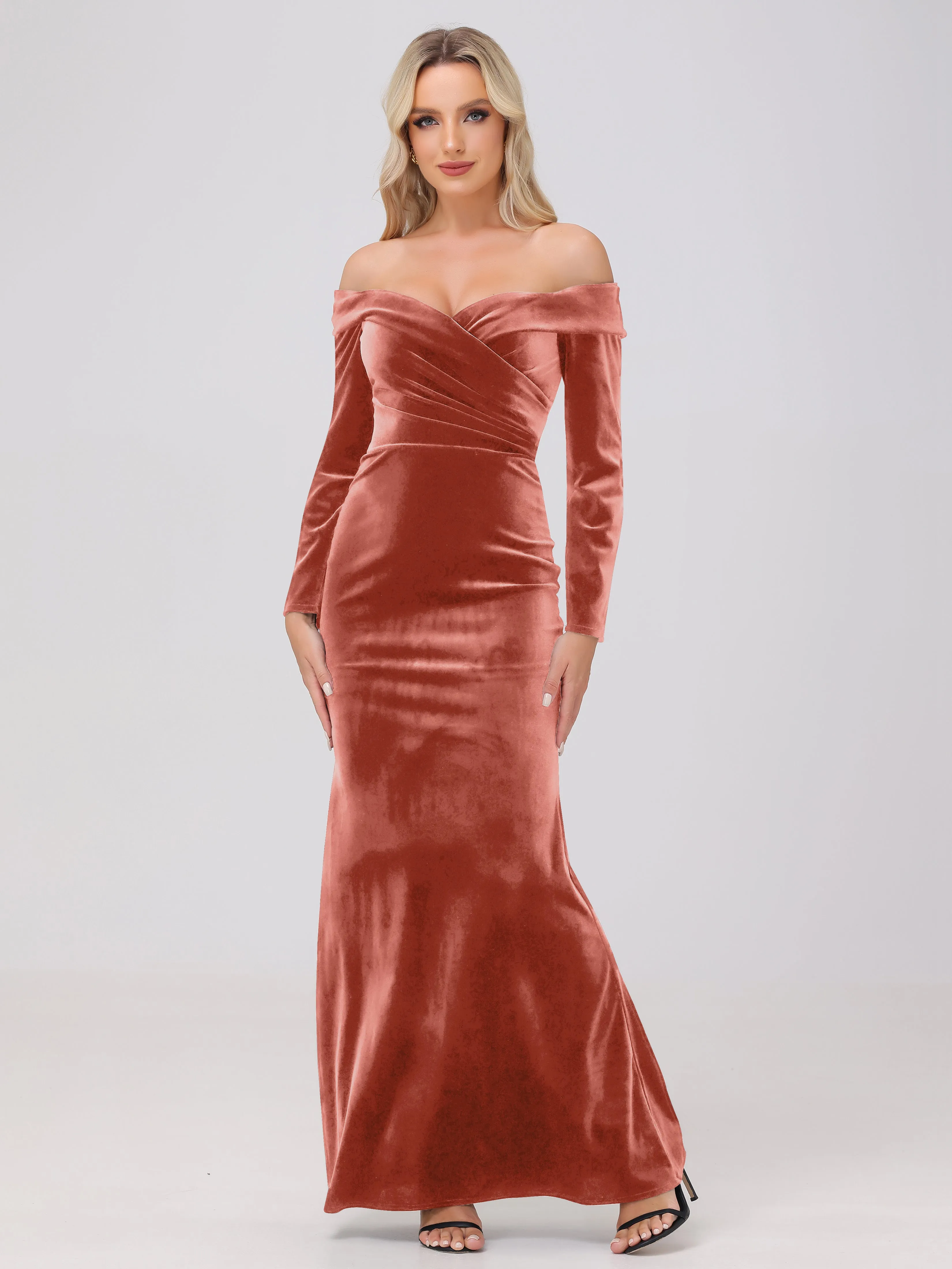 Off The Shoulder Strapless Long Sleeves Velvet Bridesmaid Dresses