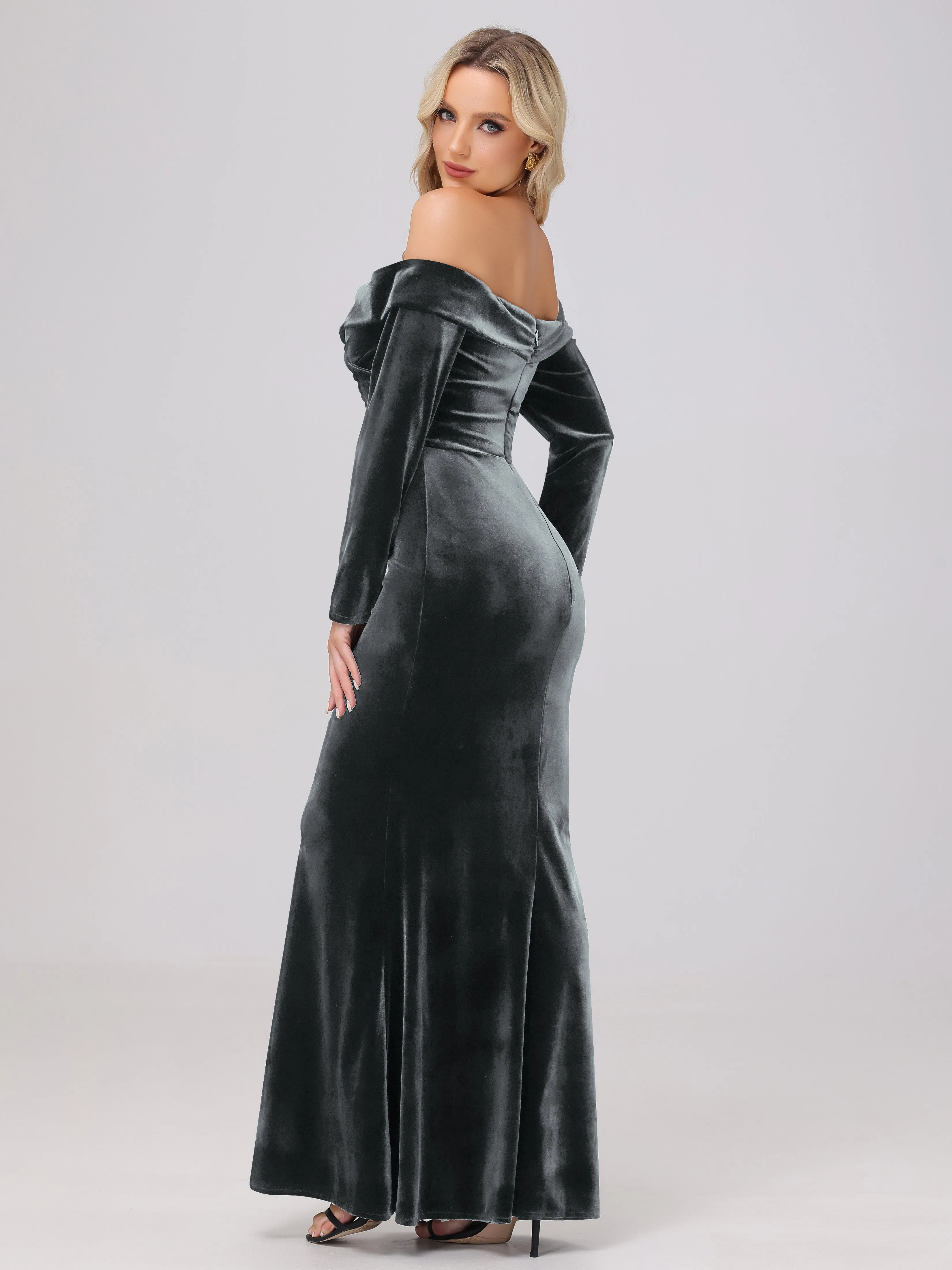 Off The Shoulder Strapless Long Sleeves Velvet Bridesmaid Dresses