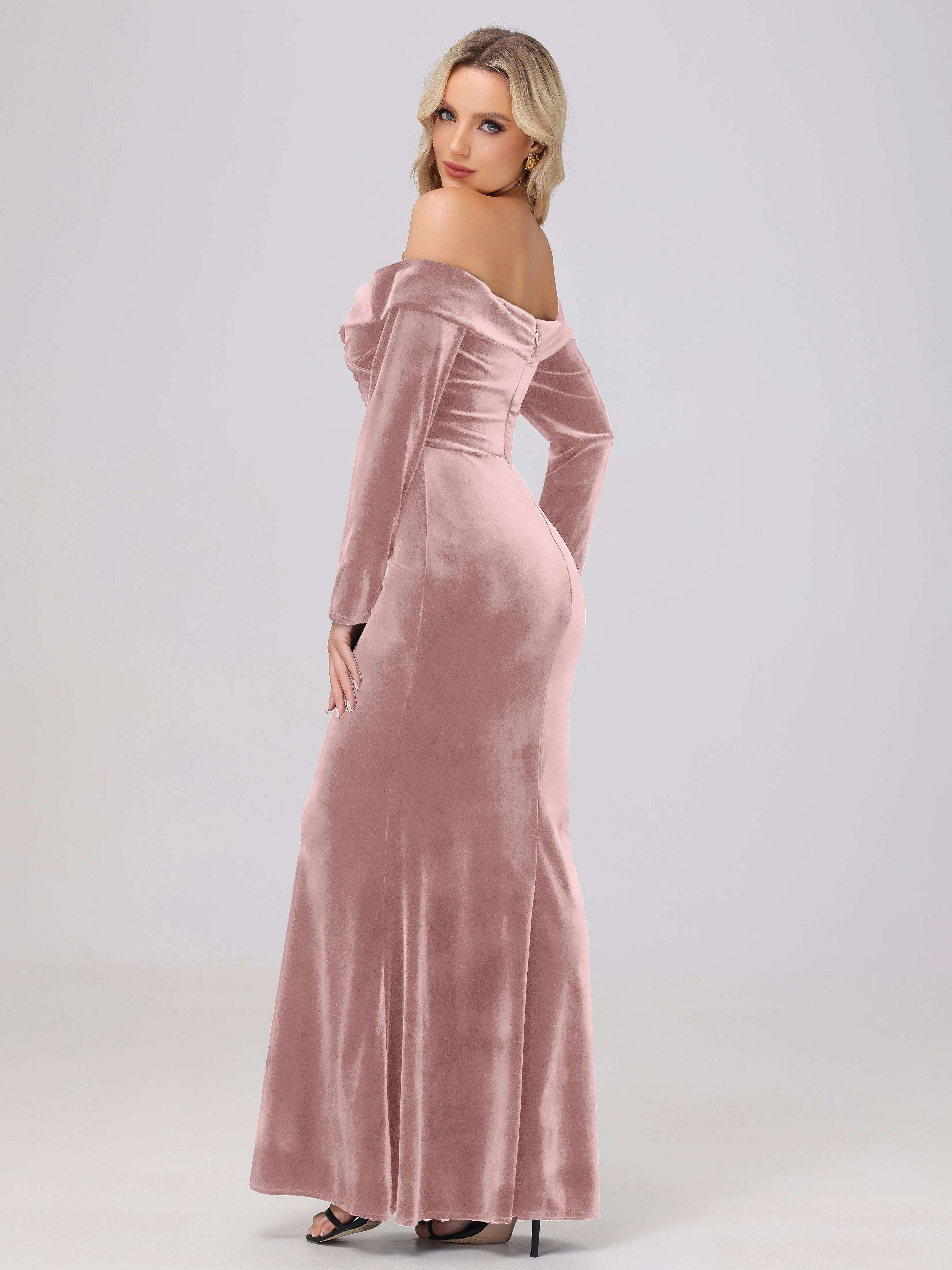 Off The Shoulder Strapless Long Sleeves Velvet Bridesmaid Dresses