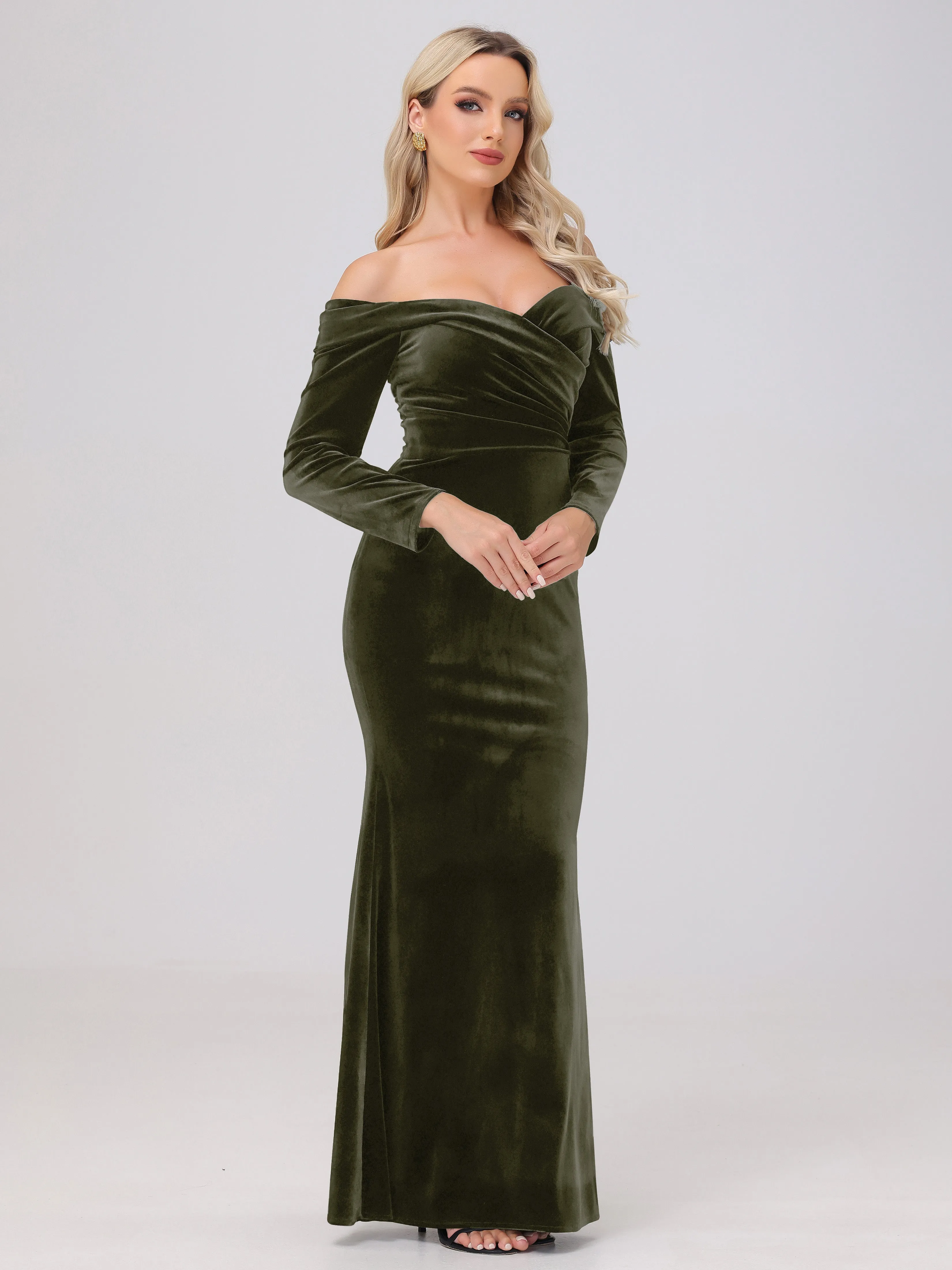 Off The Shoulder Strapless Long Sleeves Velvet Bridesmaid Dresses