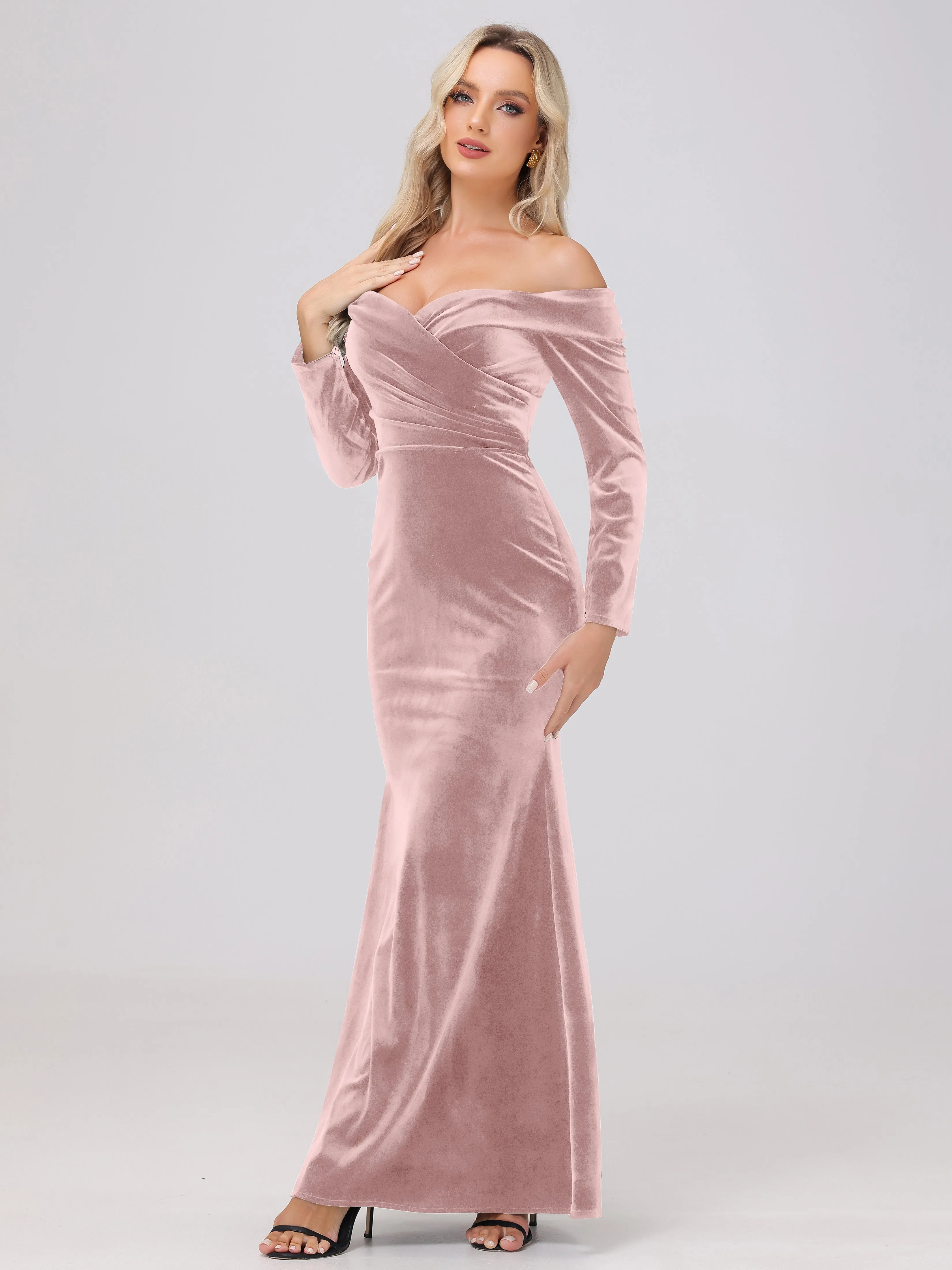 Off The Shoulder Strapless Long Sleeves Velvet Bridesmaid Dresses