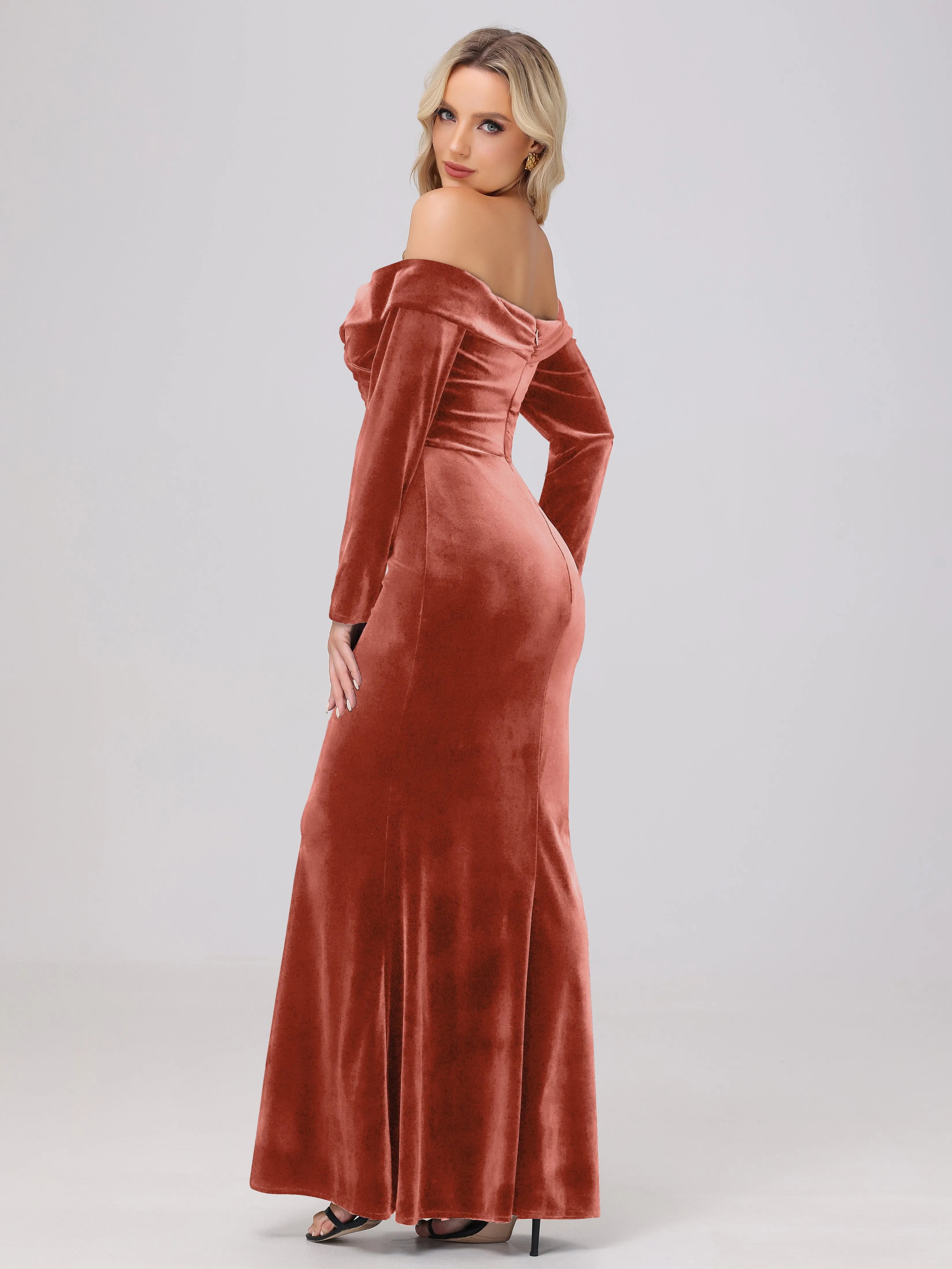 Off The Shoulder Strapless Long Sleeves Velvet Bridesmaid Dresses