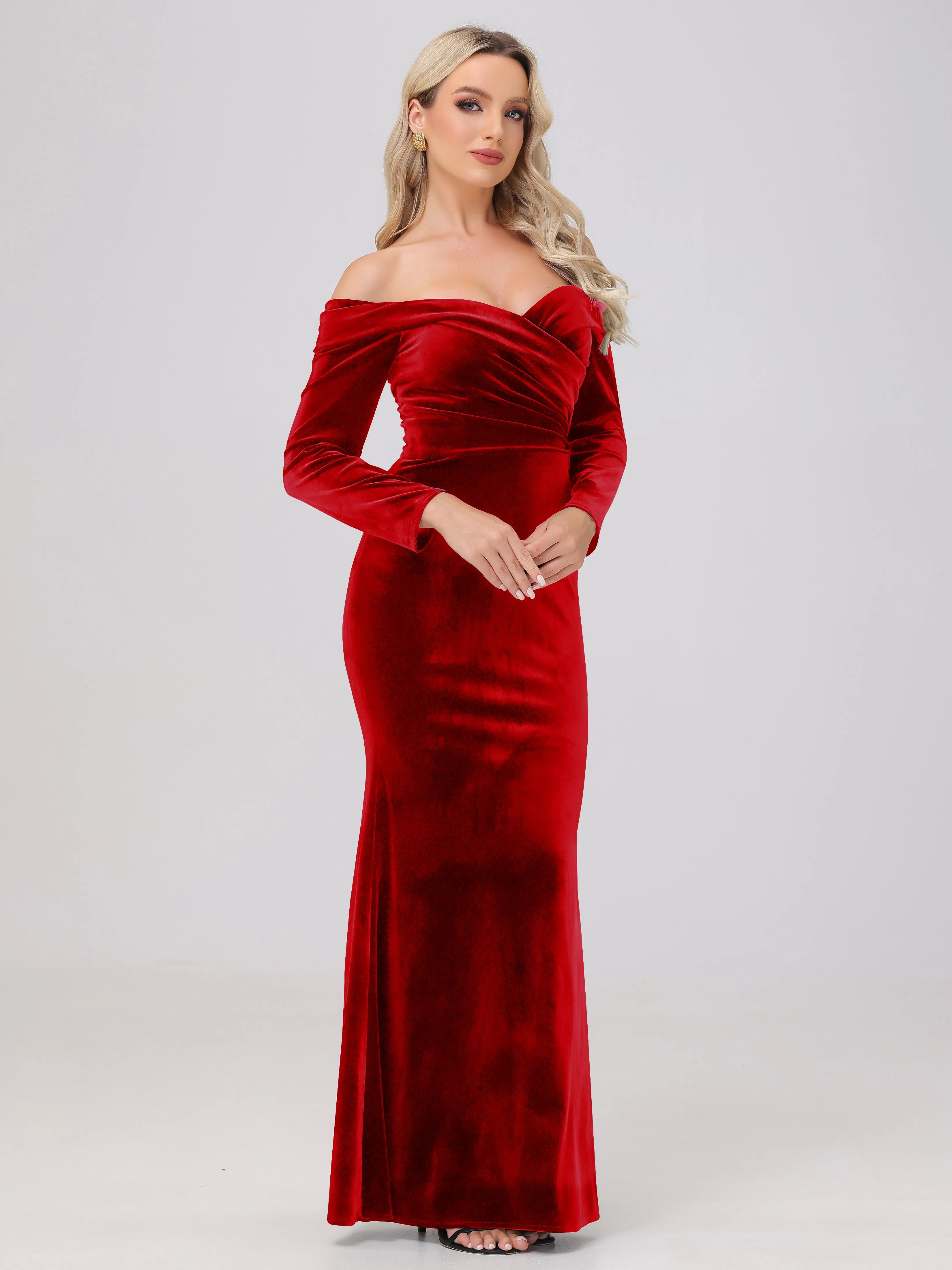 Off The Shoulder Strapless Long Sleeves Velvet Bridesmaid Dresses