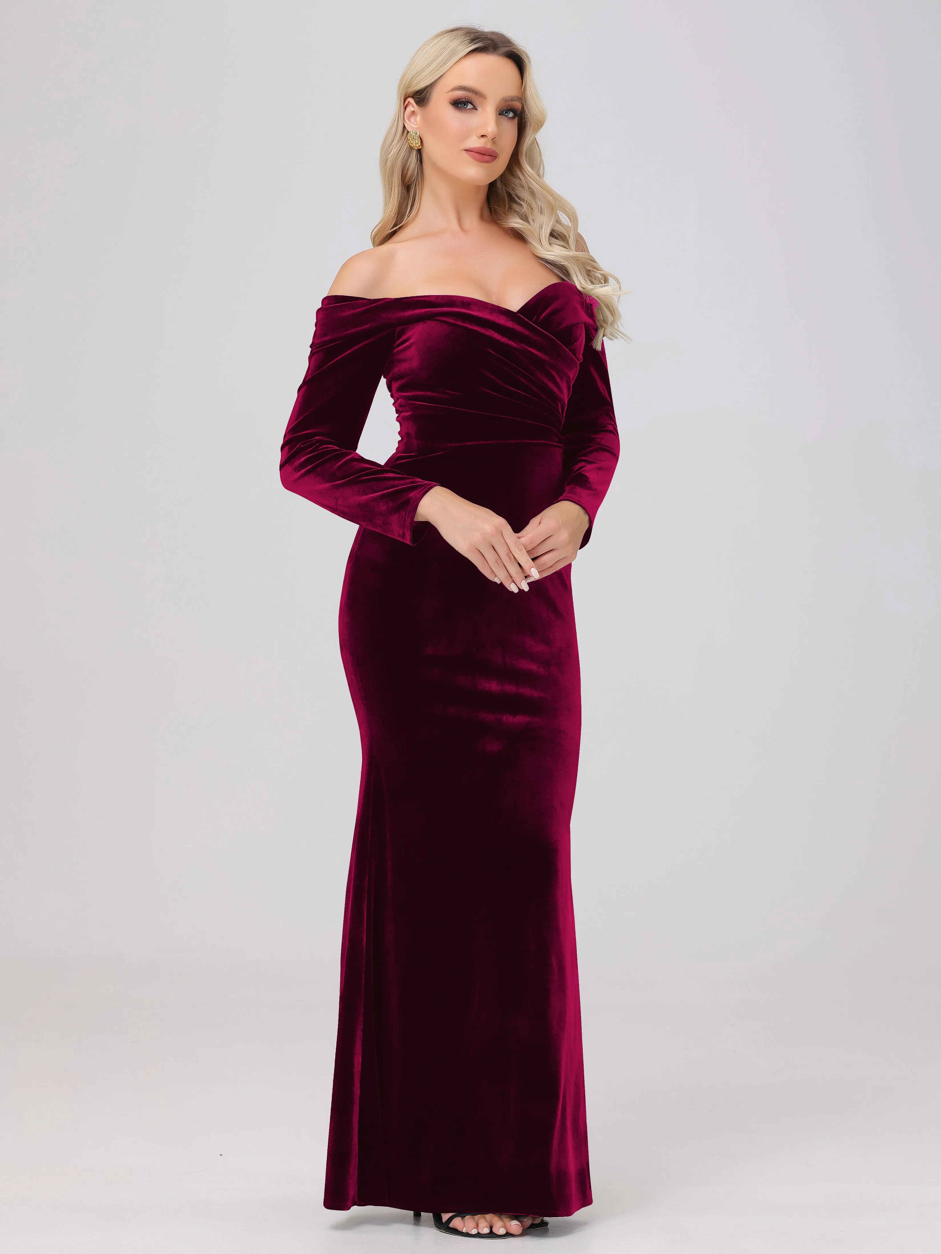 Off The Shoulder Strapless Long Sleeves Velvet Bridesmaid Dresses