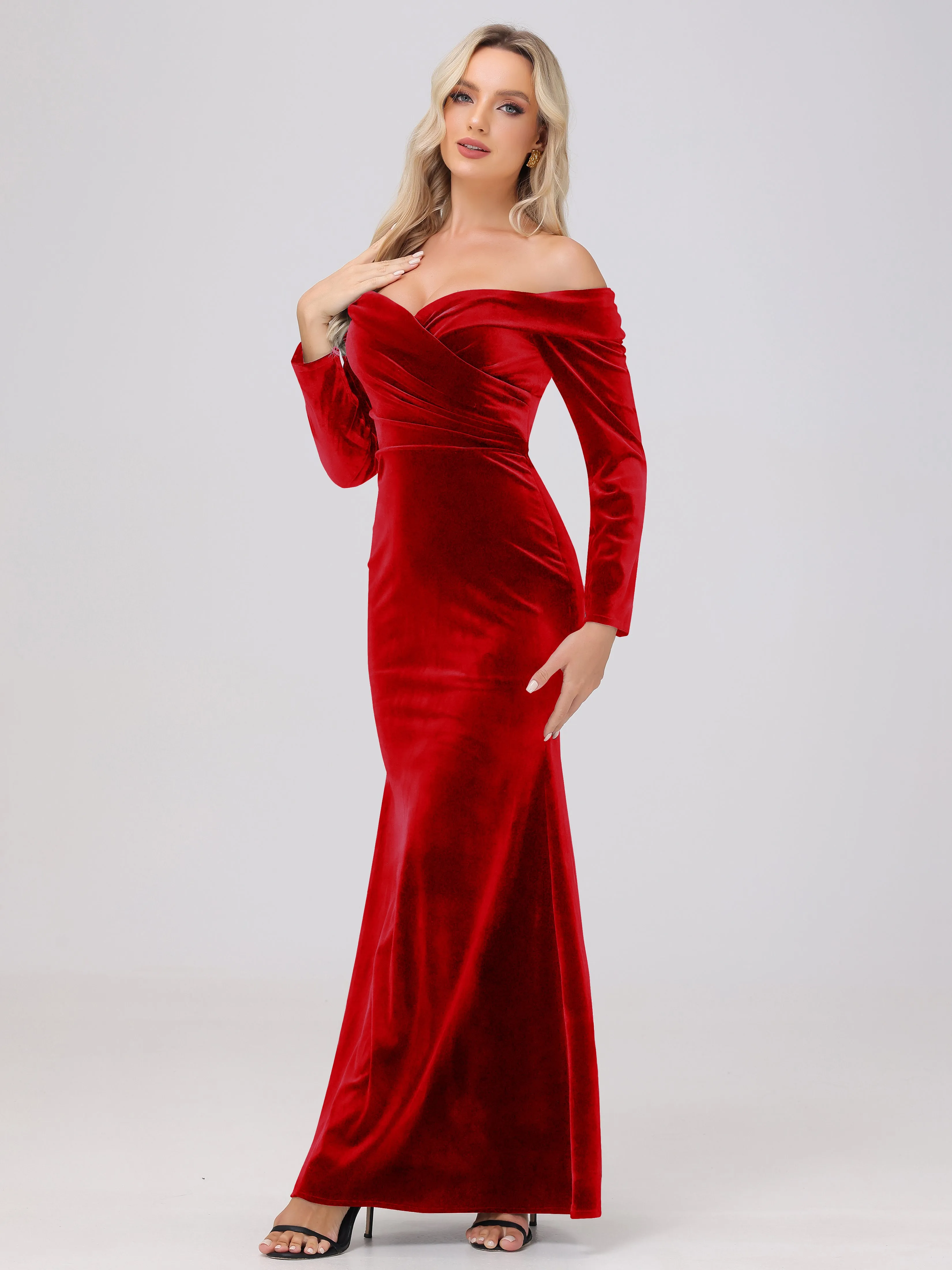 Off The Shoulder Strapless Long Sleeves Velvet Bridesmaid Dresses