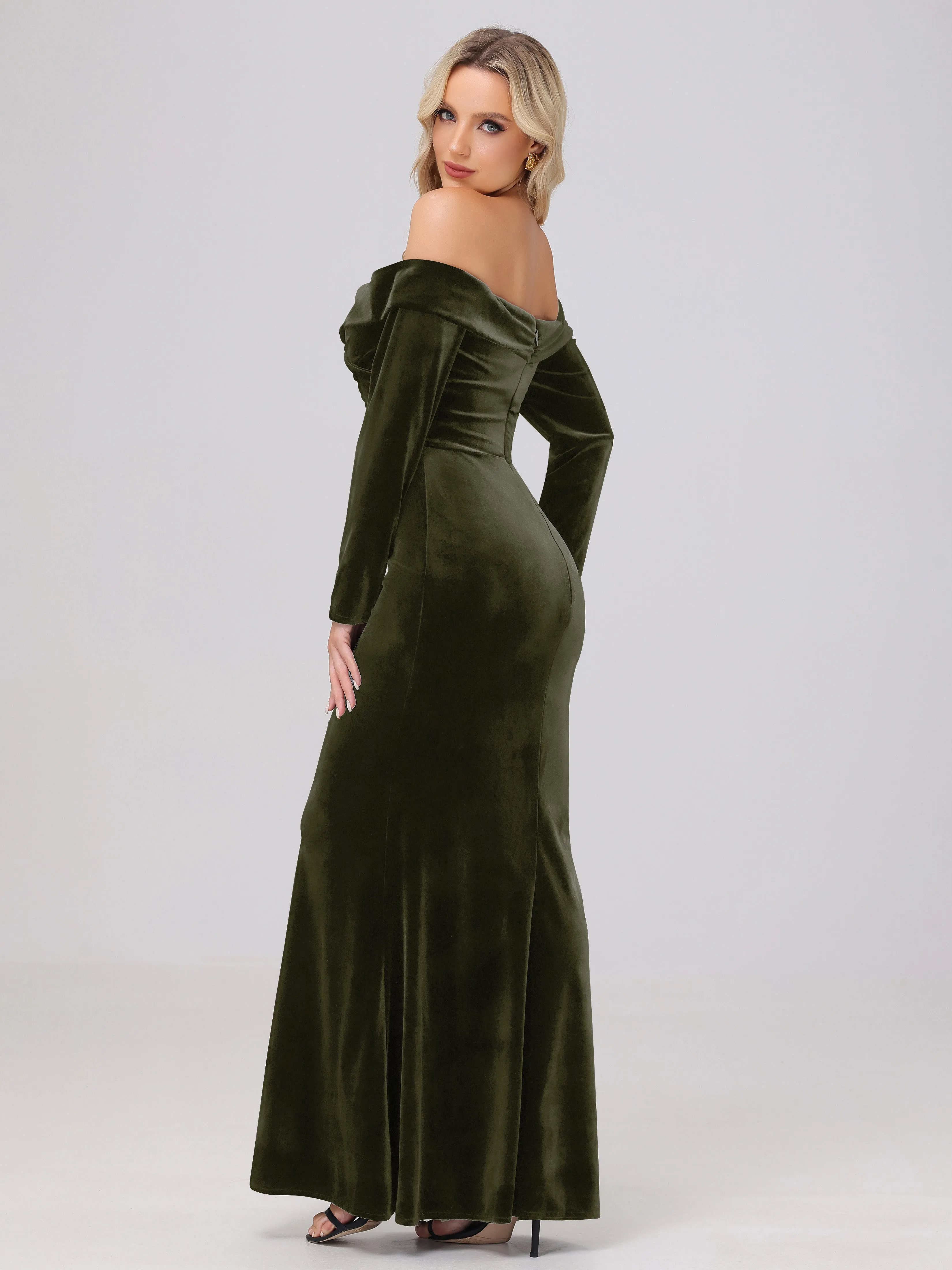 Off The Shoulder Strapless Long Sleeves Velvet Bridesmaid Dresses