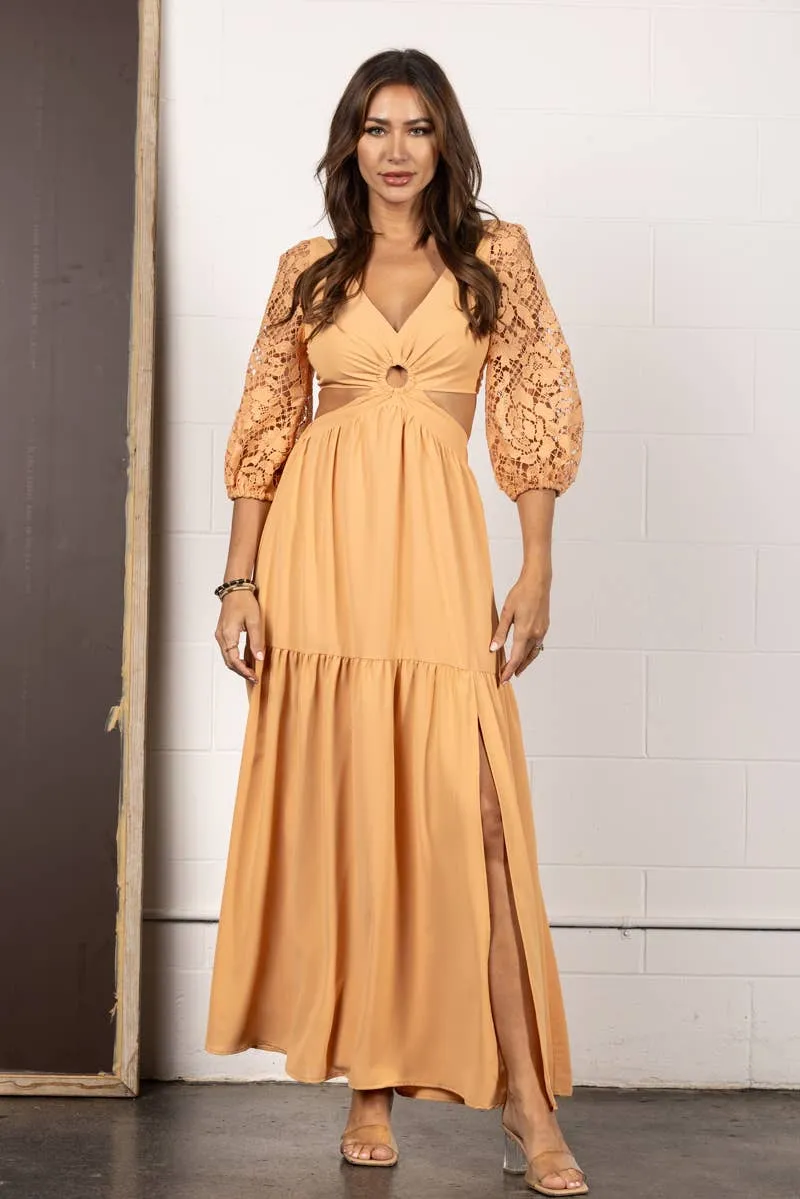 Orange Lace Sleeve Maxi Dress