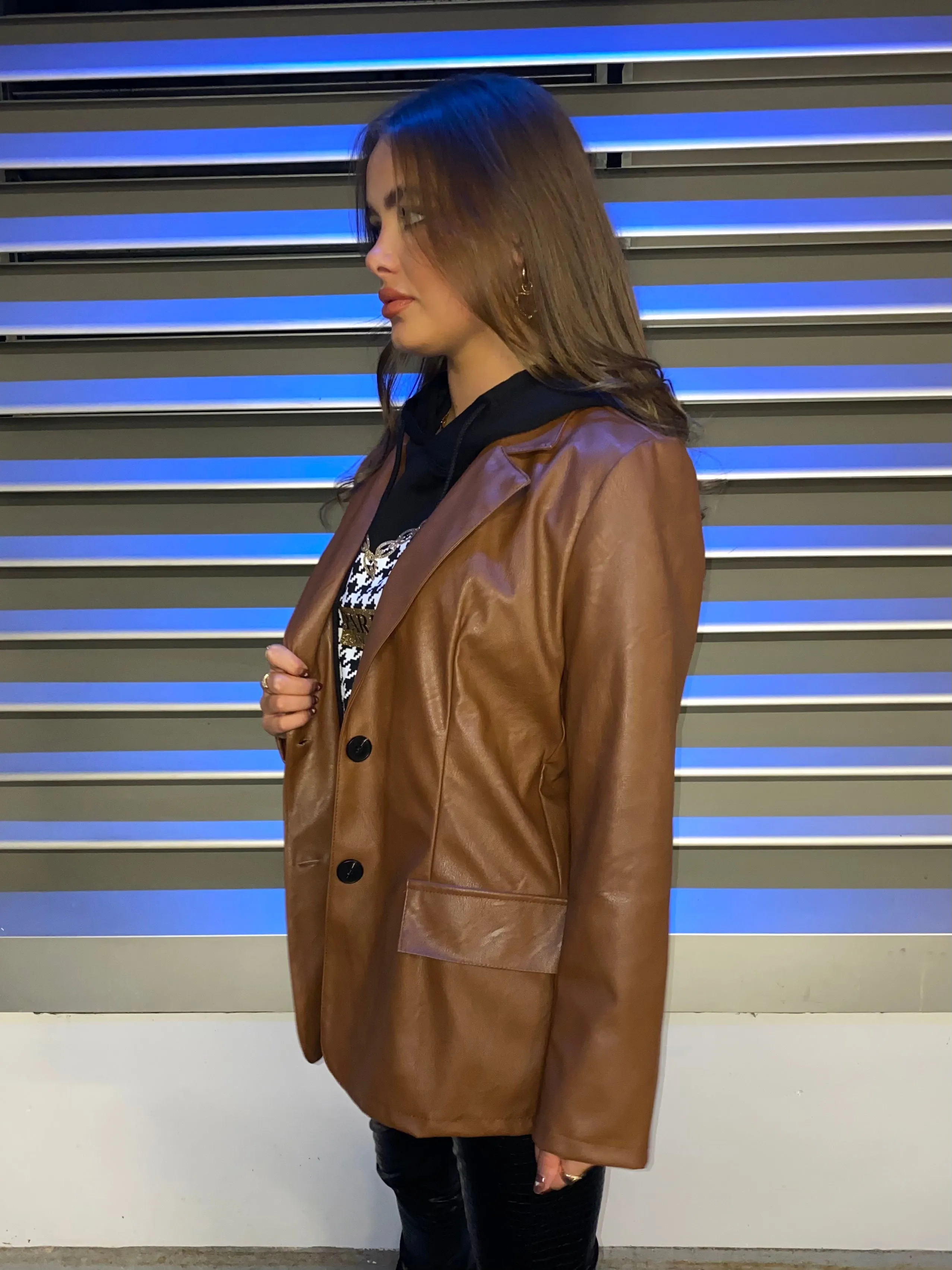 Oversized Leather Look Blazer - Tan