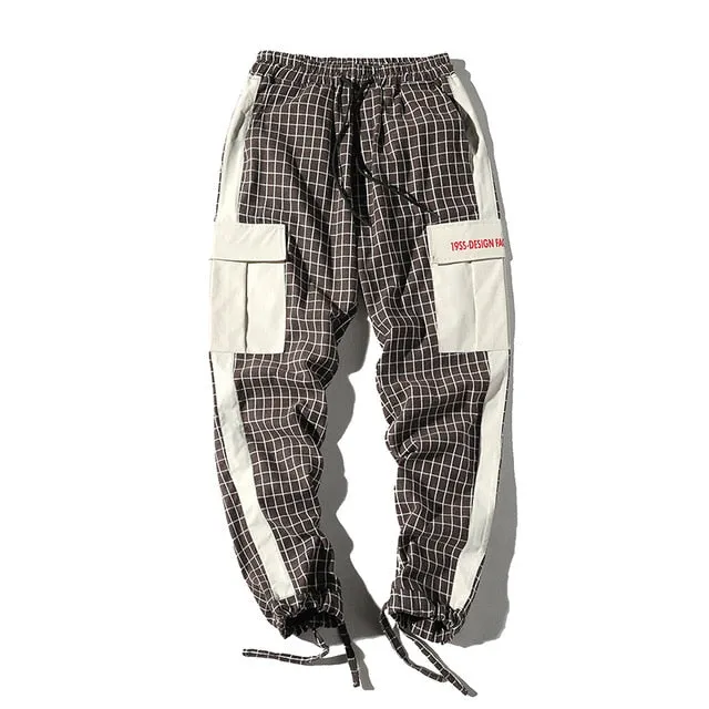 Plaid with Patchwork Side Pocket Streetwear Joggers Hip Hop Casual Men Pants