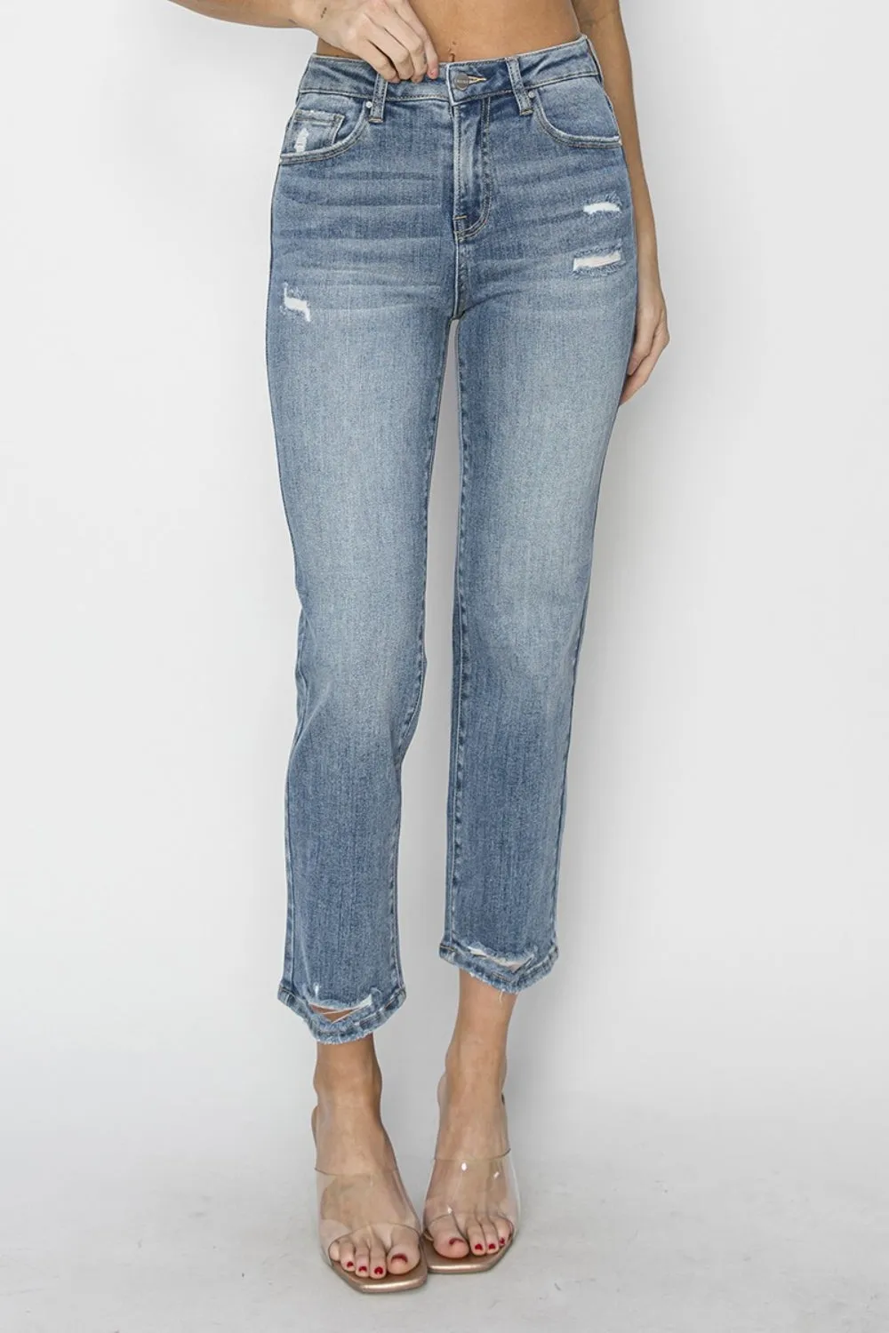 RISEN High Waist Distressed Cropped Jeans