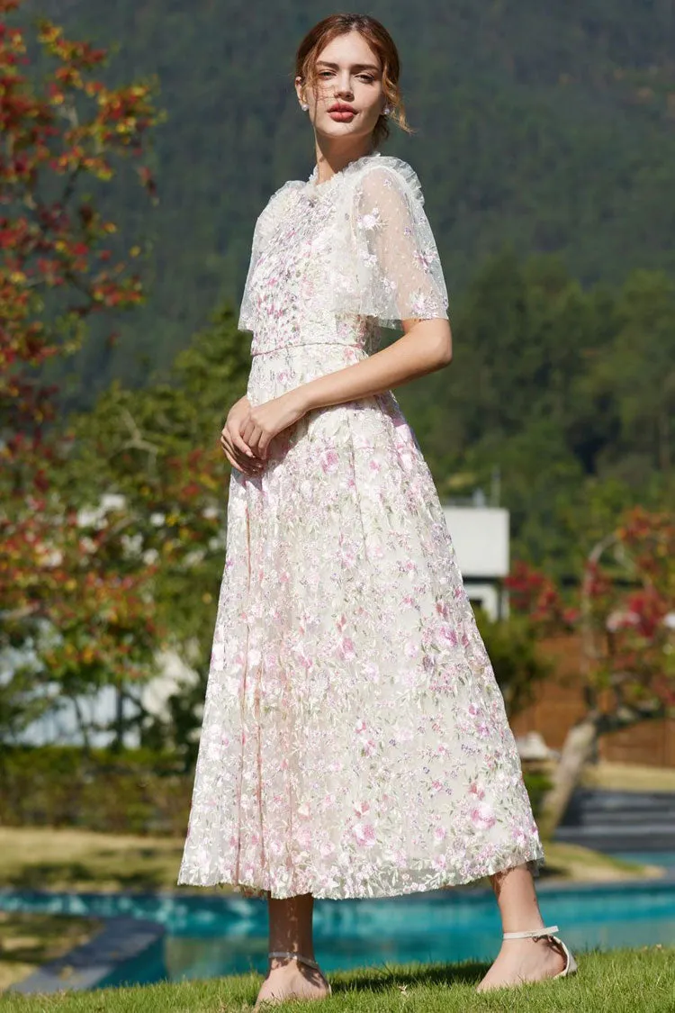 Romantic Ruffle Neck Puff Sleeve Floral Embroidered Tulle Evening Maxi Dress - Pink