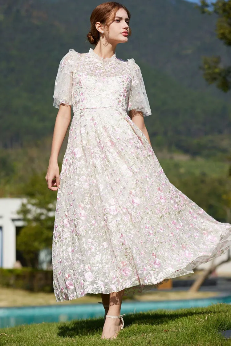 Romantic Ruffle Neck Puff Sleeve Floral Embroidered Tulle Evening Maxi Dress - Pink