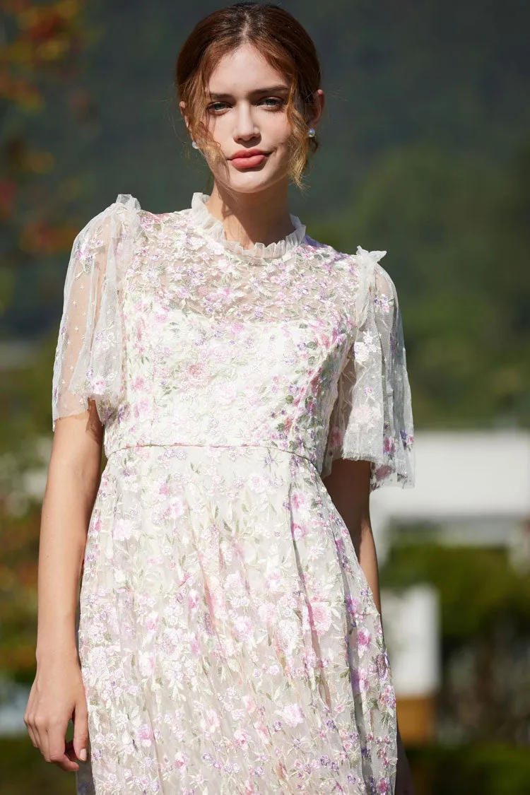 Romantic Ruffle Neck Puff Sleeve Floral Embroidered Tulle Evening Maxi Dress - Pink